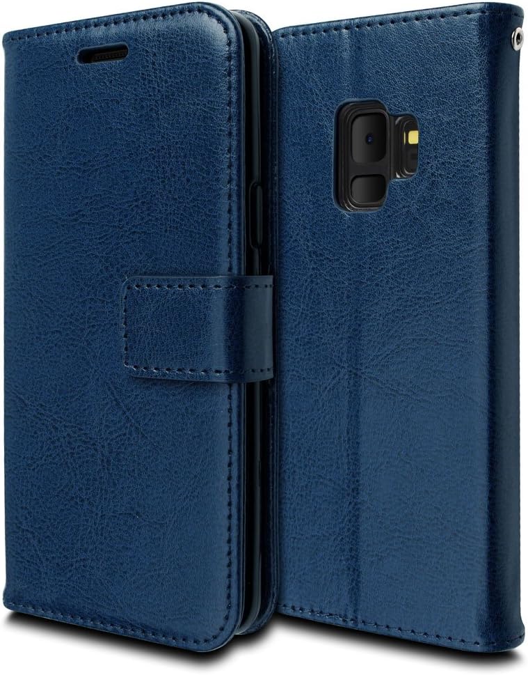TECHGEAR Galaxy S9 Case - Leather Wallet Flip Protective Case Cover with Card Slots, Kickstand and Wrist Strap - Blue PU Leather Compatible with Samsung Galaxy S9