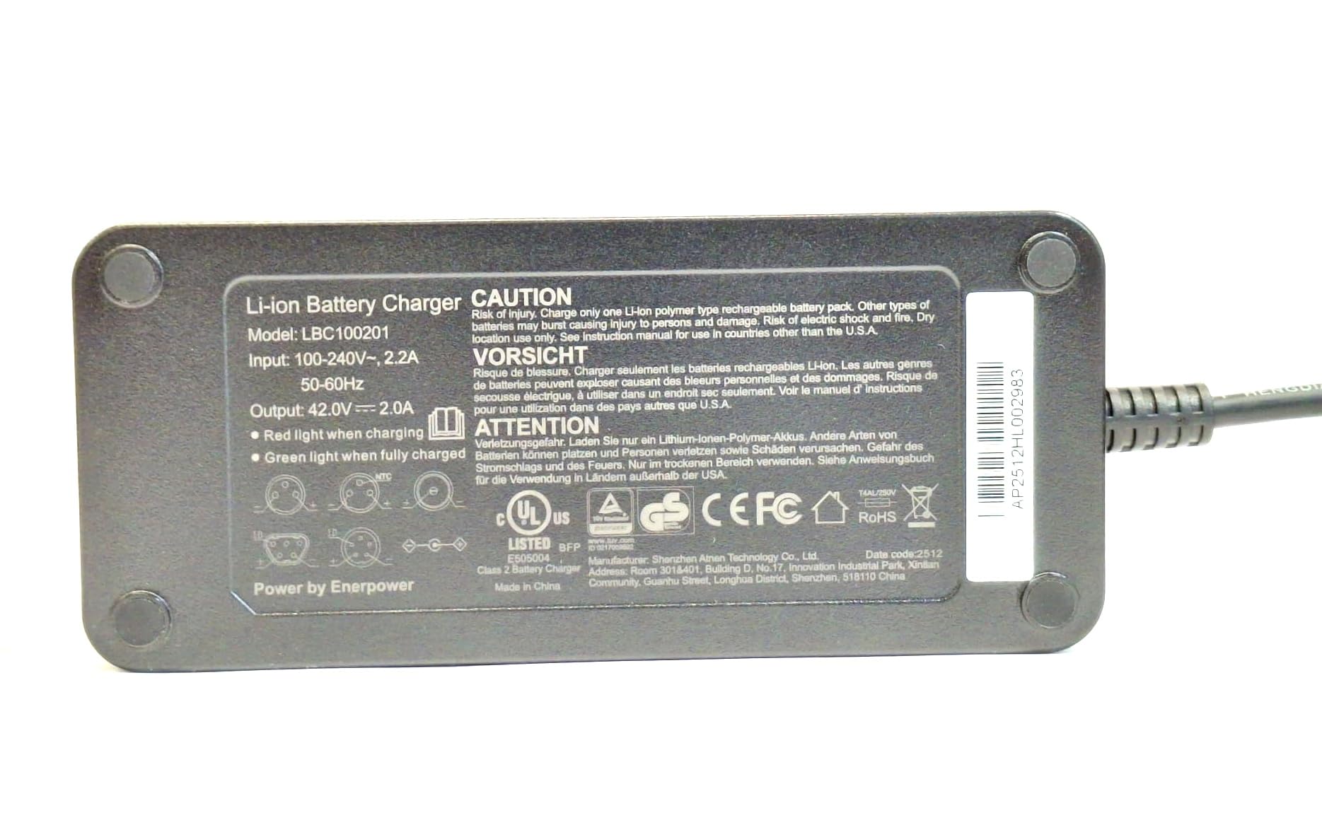 Enerpower Li-Ion Ladegerät 36V 2A für QWIC Premium i & Urban für Akkus BA00090, BA00091, BA00092, BA00125 und BA00130
