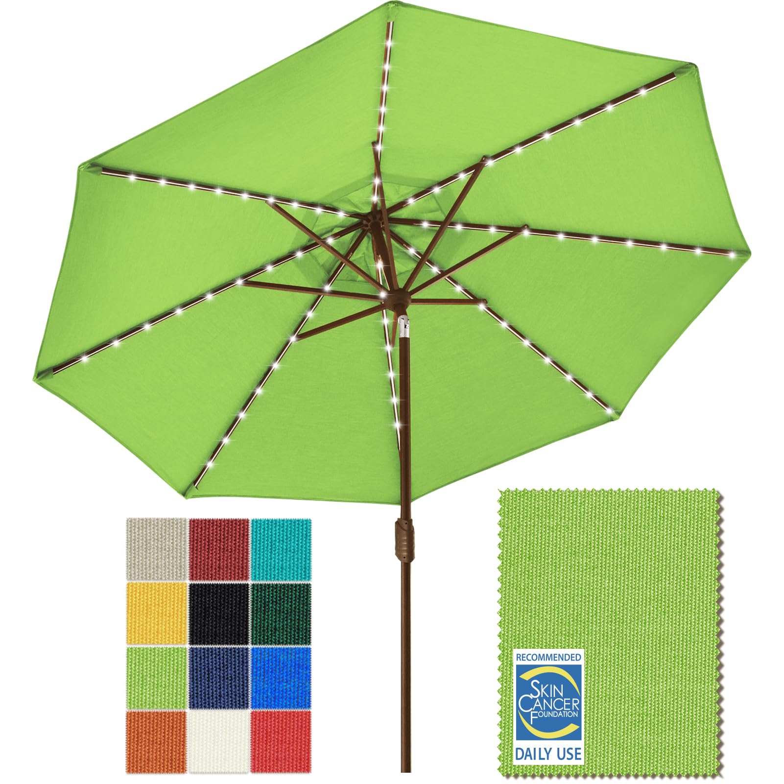 eliteshade usa 10-year-non-fading 9ft market patio umbrella, commercial grade table sun umbrella with 80 solar led lights, crank open, windproof & upf 50+ uv protection for garden, deck, pool, backyard, macaw green