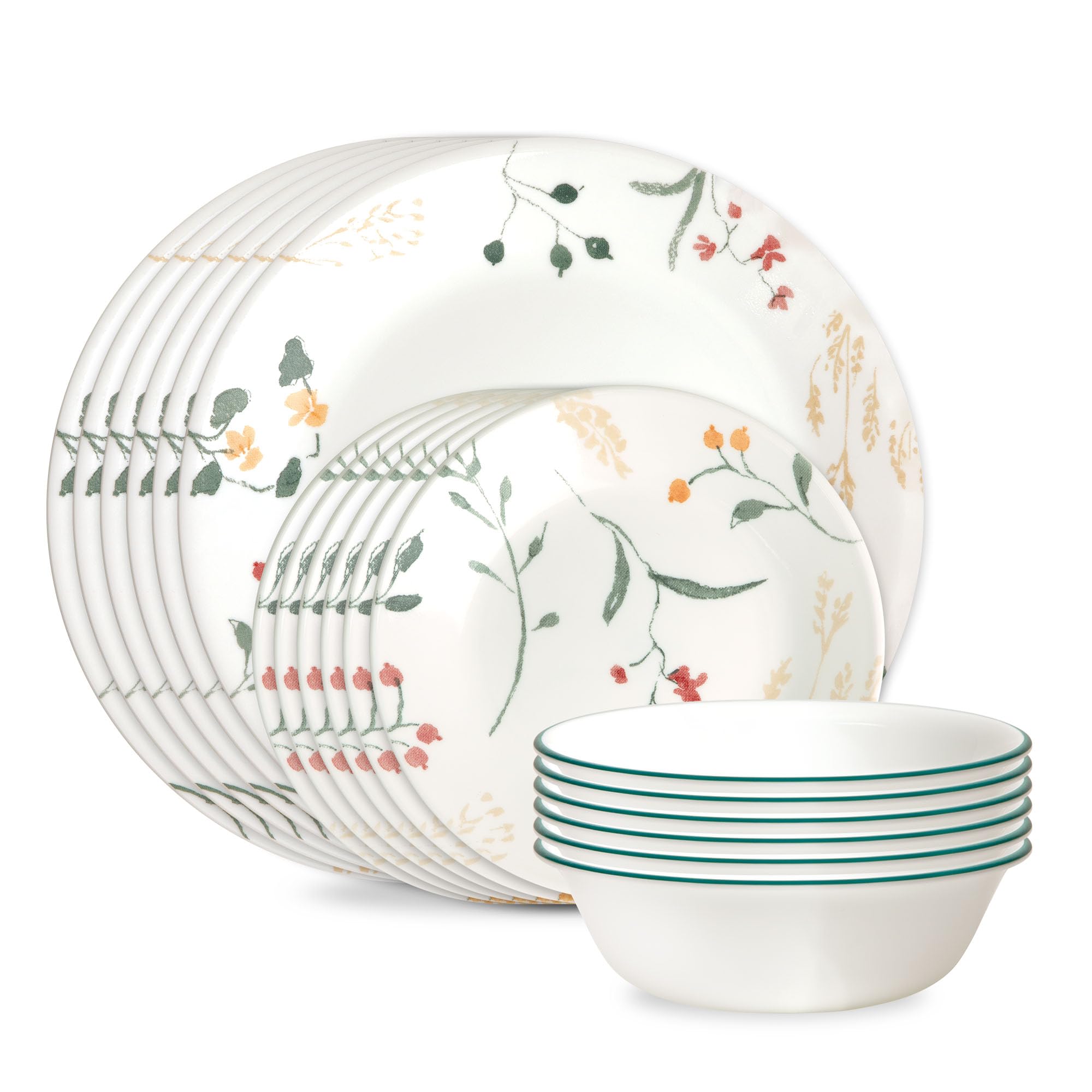 Corelle Vitrelle - Juego de vajilla de vidrio de 18 piezas, servicio para 6, juegos de platos y cuencos de vidrio resistentes a astillas y grietas, flores silvestres