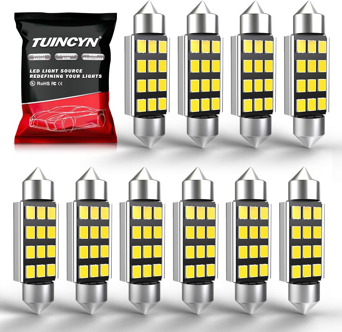 41MM 42MM Festoon LED Car Bulb, TUINCYN 578 6411 212-2 569 211-2 Xenon White Extremely Bright Interior Car Light Bulbs Dome Map Courtesy License Plate Light Bulb 12V (Pack of 10)