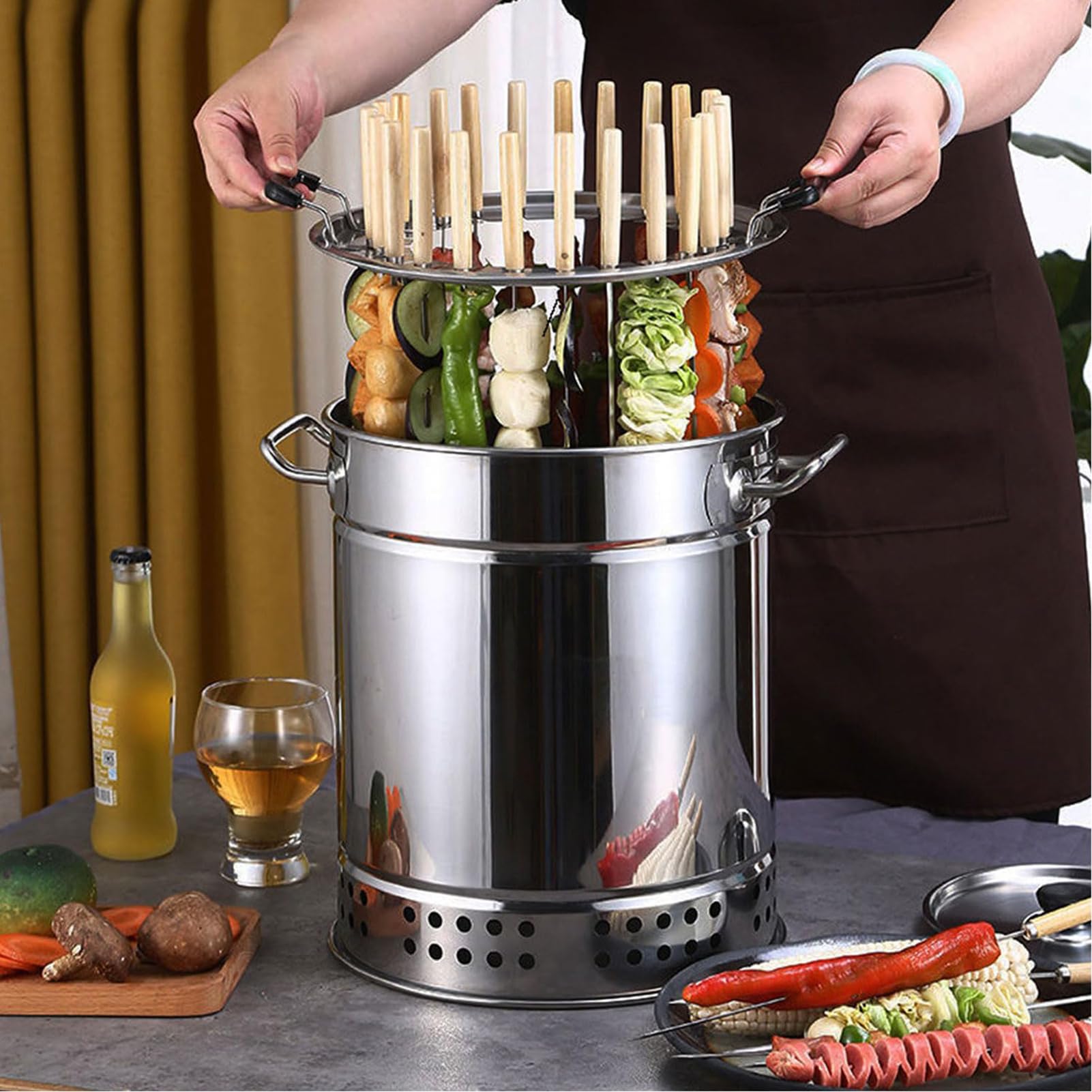 GAOXIAO Barril Asador de Carne Sin Humo Interior, Parrilla de Barbacoa de Carbón Sin Humo BBQ Portátiles con Forma de Barril Envolvente de Acero Inoxidable para Exteriores Silver Small (22 skewers)