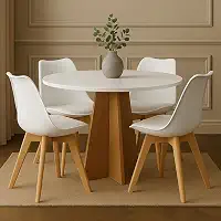 Conjunto Mesa Madeira Redonda Branca Off White 90cm + 4 Cadeiras Leda Pés Madeira Sala Jantar Cozinha Moderna (Cadeiras Brancas)