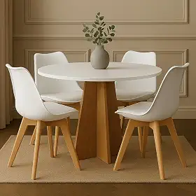 Conjunto Mesa Madeira Redonda Branca Off White 90cm + 4 Cadeiras Leda Pés Madeira Sala Jantar Cozinha Moderna (Cadeiras Brancas)