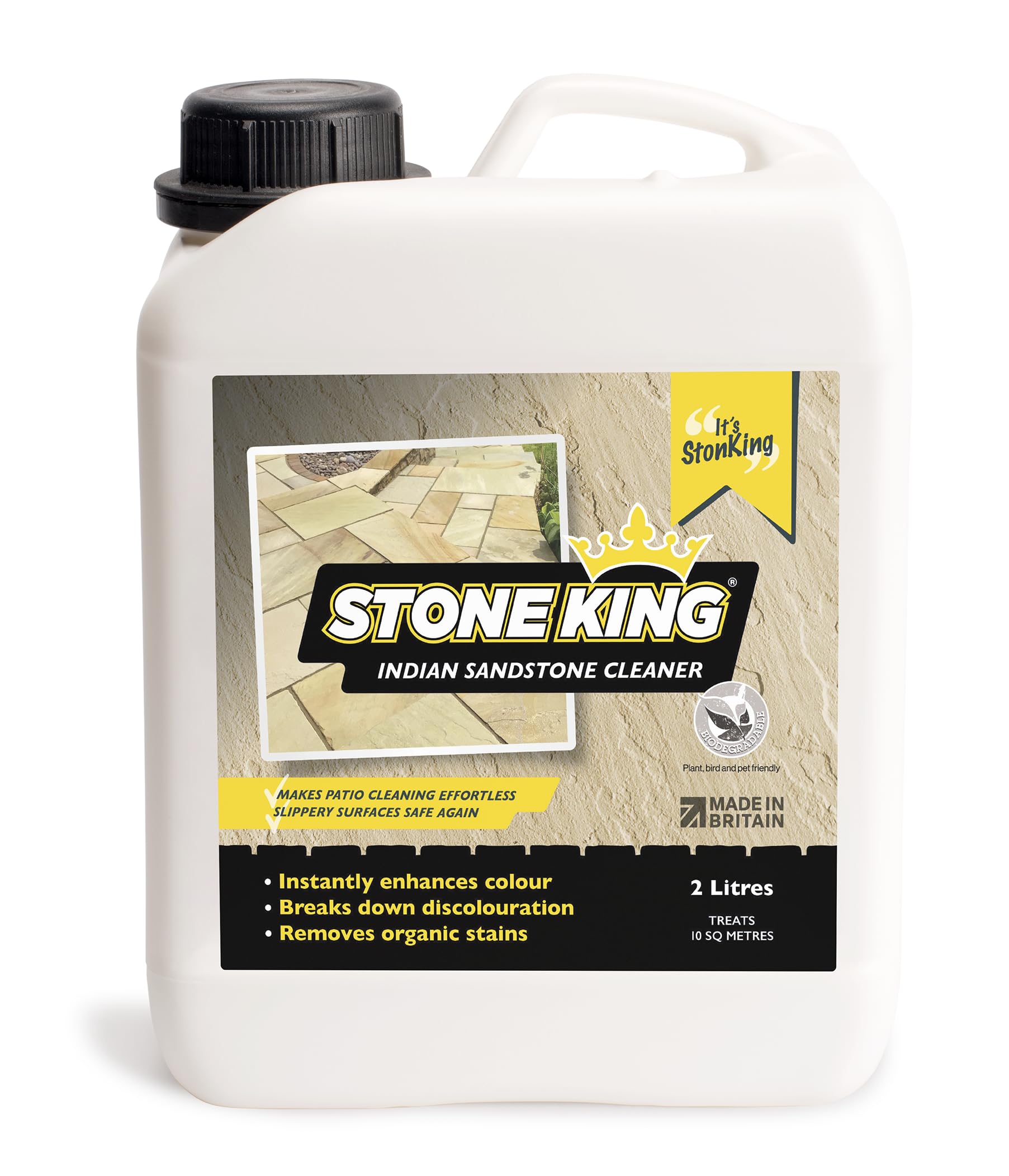 Stone King Indian Sandstone Cleaner – Deep Cleaning Stone Restorer for Patios, Paths, Paving – York Stone, Limestone, Travertine – Removes Green Algae, Black Lichen and White Fungi – 10 SQM 2L