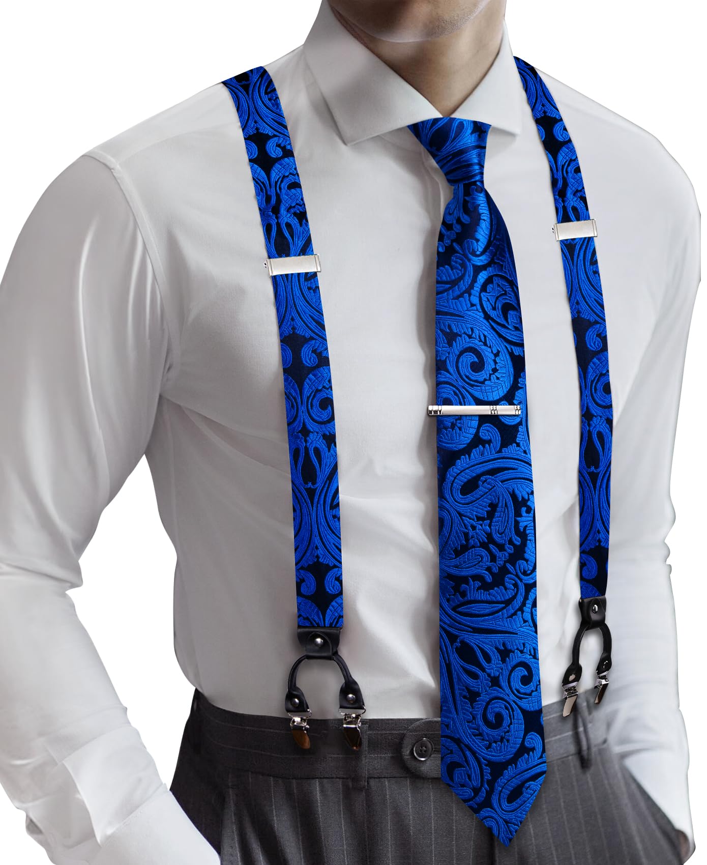 Barry.Wang Men Suspender Tie Sets Elastic Heavy 6 Clips Hanky Cufflink 5PCS | Classic Suspender Set for Man Necktie Y Type Adjustable Heavy Duty 6 Clips Braces Pocket Square Cufflinks Party