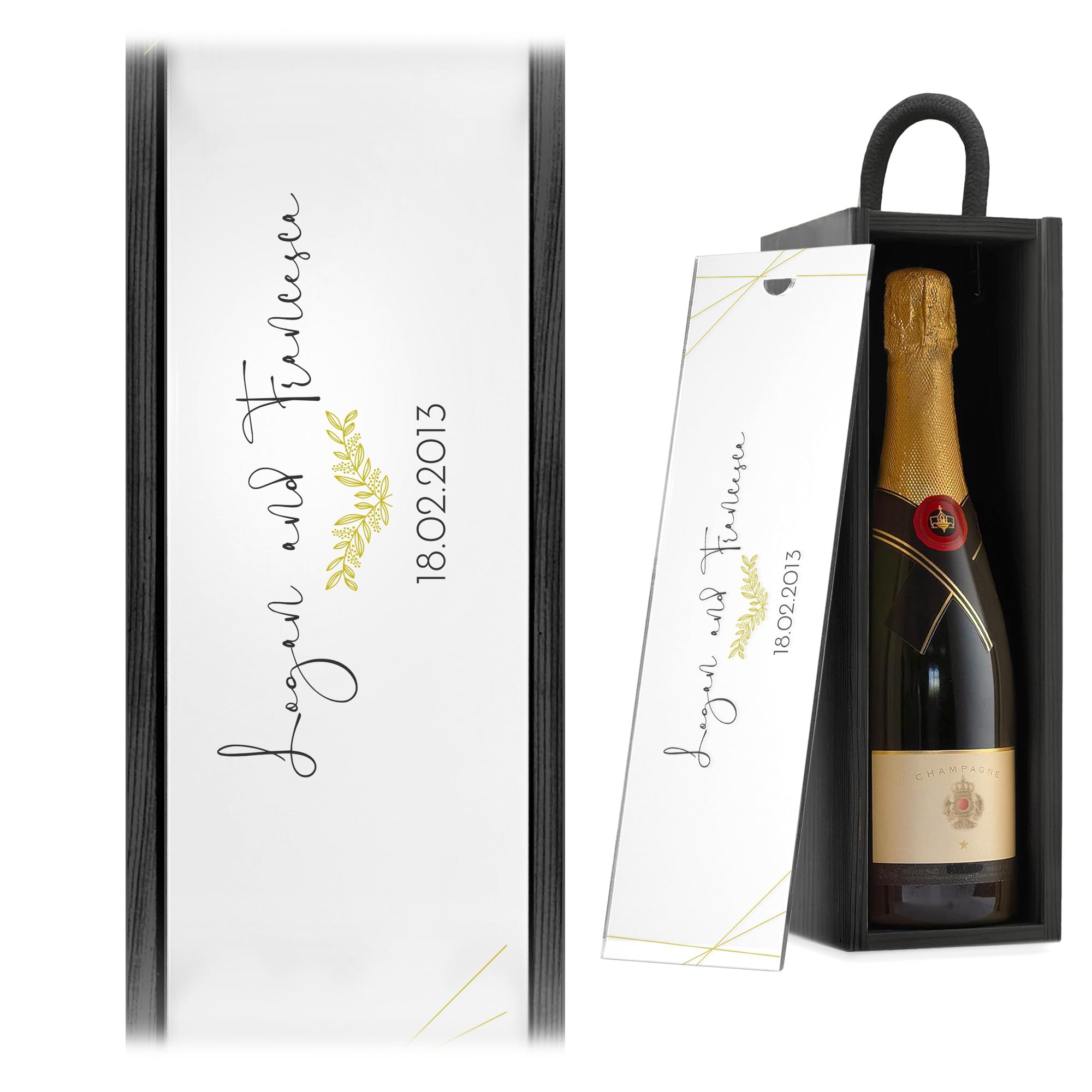 A1 Graphics Ltd Personalised Gold Leaf Wine Box Custom Printed Couples Gift Weddings Anniversary Bridesmaid Groomsmen Birthdays (Black Box/White Lid)