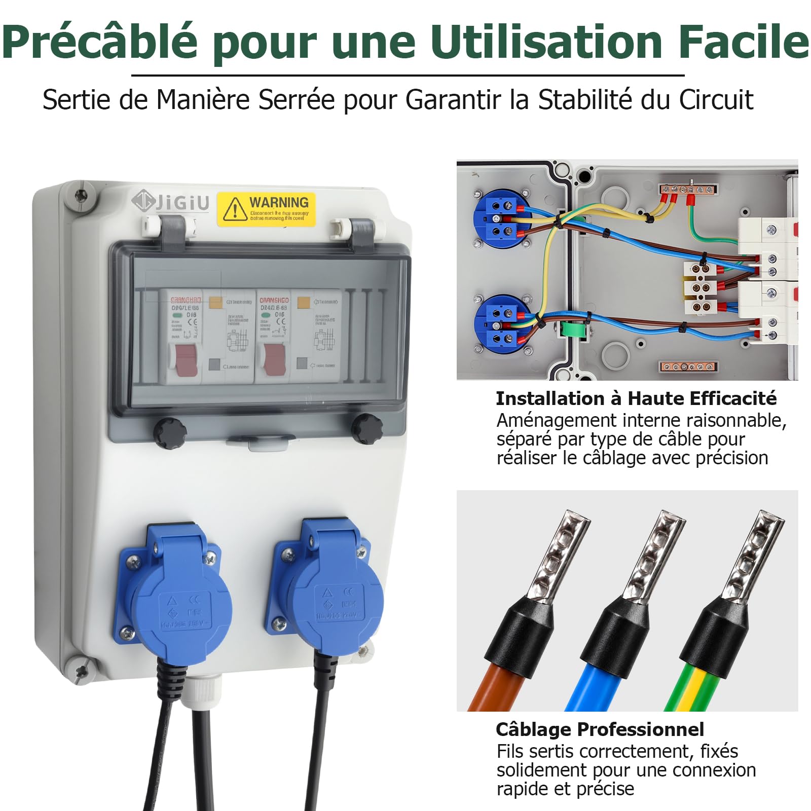 JiGiU Coffret Électrique de Chantier, 2 Prises Schuko, Disjoncteur FI+LS