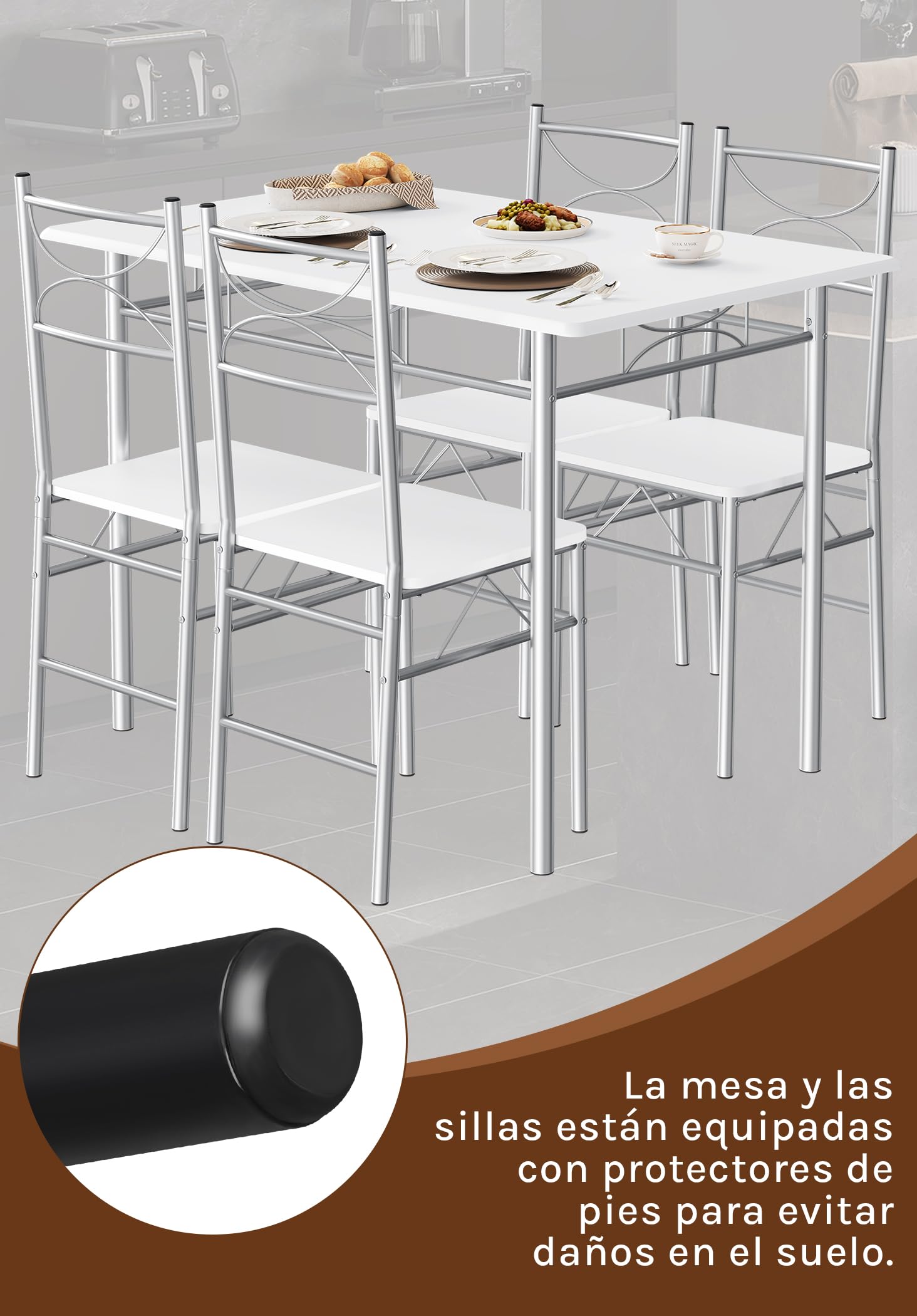 WOLTU Mesa y Sillas Comedor para 4 Personas, Mesa Cocina de Madera, Juego de Muebles de Comedor, Madera MDF y Metal, Blanco + Plata