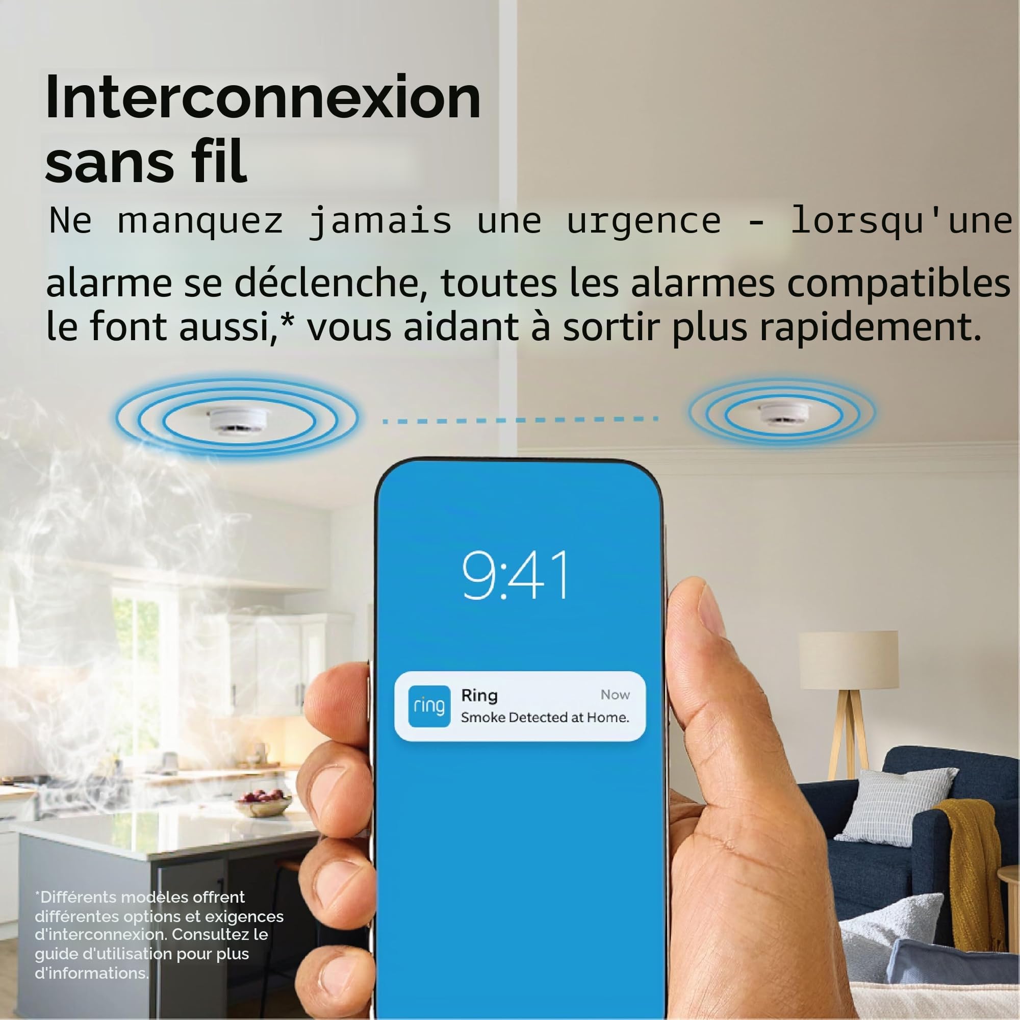 Kidde Détecteur de fumée Intelligent, Application Ring activée pour Les Notifications en Temps réel, interconnectivité sans Fil, alimenté par Pile AA