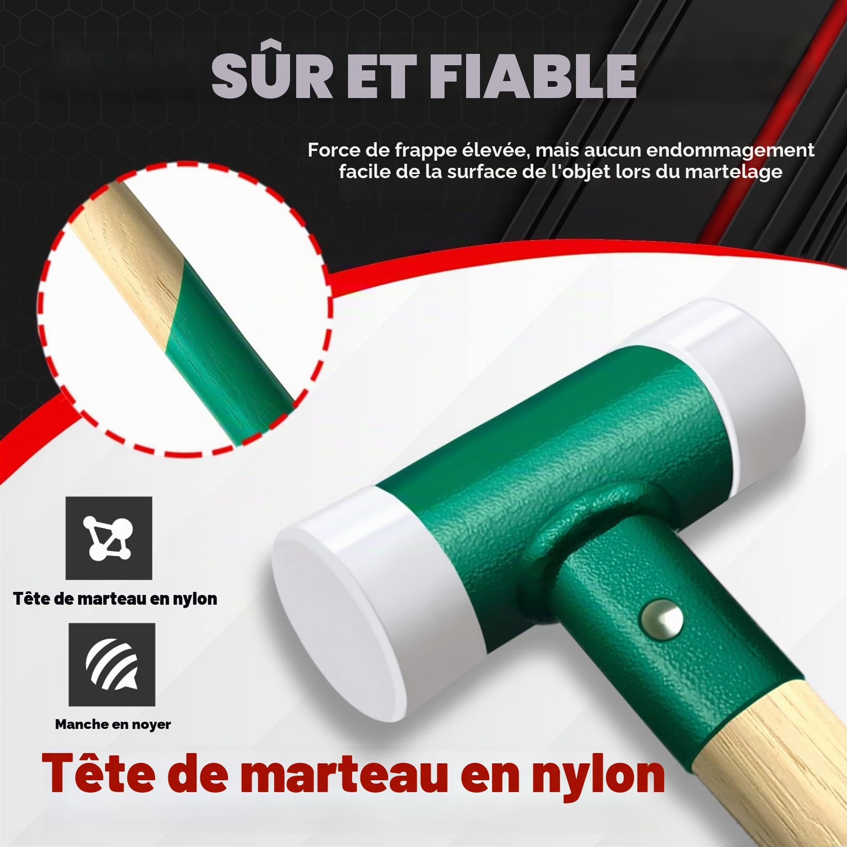 C&T Marteau de protection, maillet souple, diamètre : 40 mm, manche en bois avec tête en nylon interchangeable pour l'entretien et le montage, poignée en bois de 40 mm