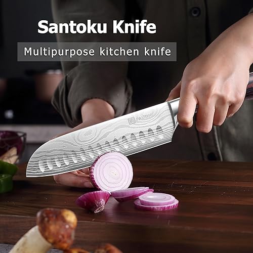 Vista 7 de PAUDIN Cuchillo Santoku, Cuchillo de Cocina de 7 Pulgadas, Filo Ultra Afilado - Acero Inoxidable Alemán Forjado de Alto Carbono, Cuchillo de Chef