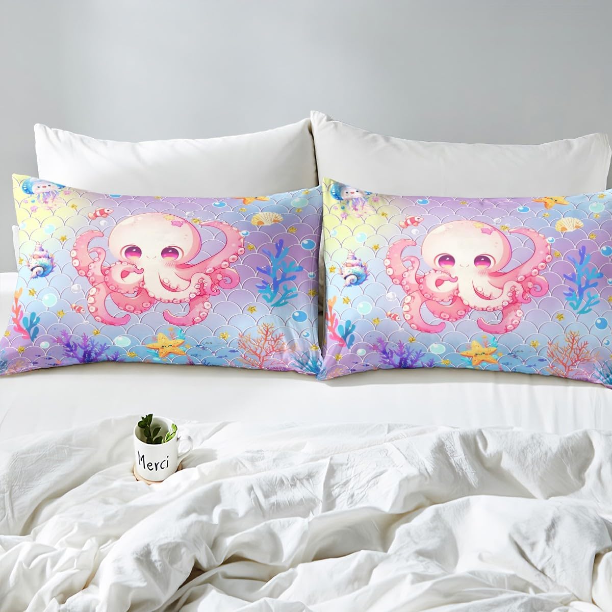 Pink Octopus Duvet Cover Set Toddler Size,Lovely Sealife Coral Watercolor Reversible Quilt Cover for Kids Boys Girls Blue Purple Mermaid Scale Print Bedding Set with 1 Pillowcase,No Comforter