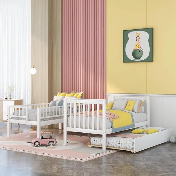 Bellemave Twin Trundle Bunk Bed for Kids, Bunk Beds with Trundle and Stairs, Twin Over Twin Bunk Bed with Storage, White