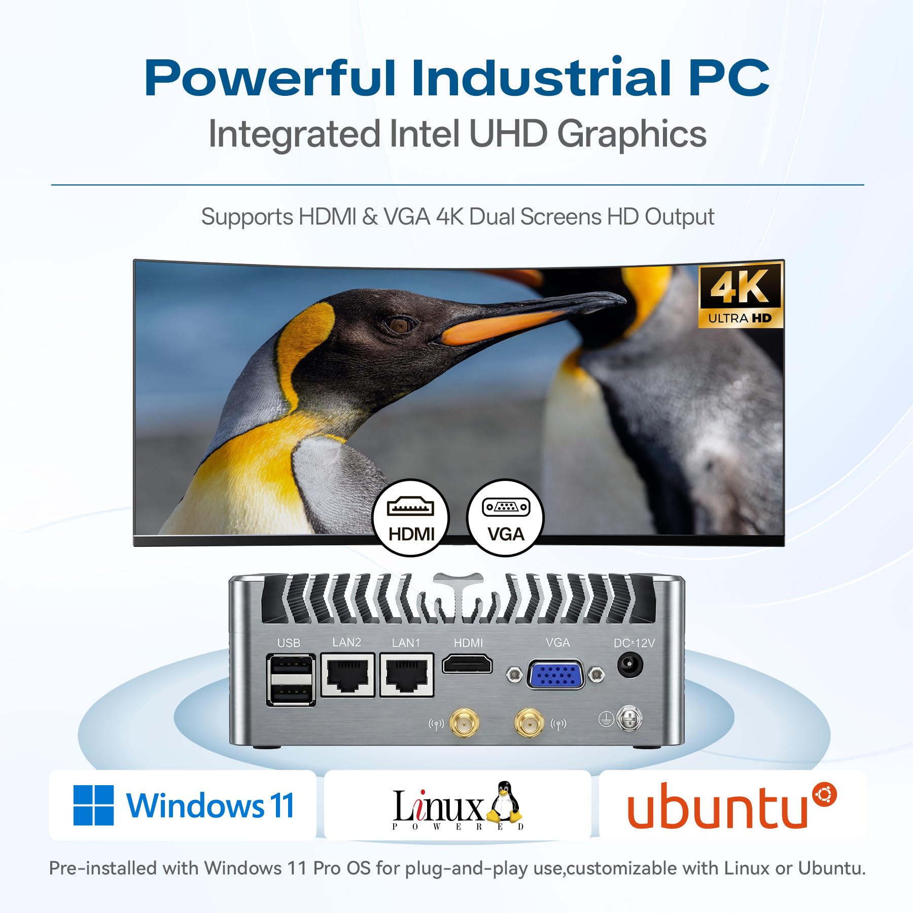 Mini PC Fanless,Computer Industriale Core i5-8250U,Display 4K HDMI+VGA,2RS232 Seriale,2RJ45 LAN,6USB,Windows 11 Pro,Auto Power On & Wake-on-LAN,Case in Metallo(16GB RAM 512GB SSD)
