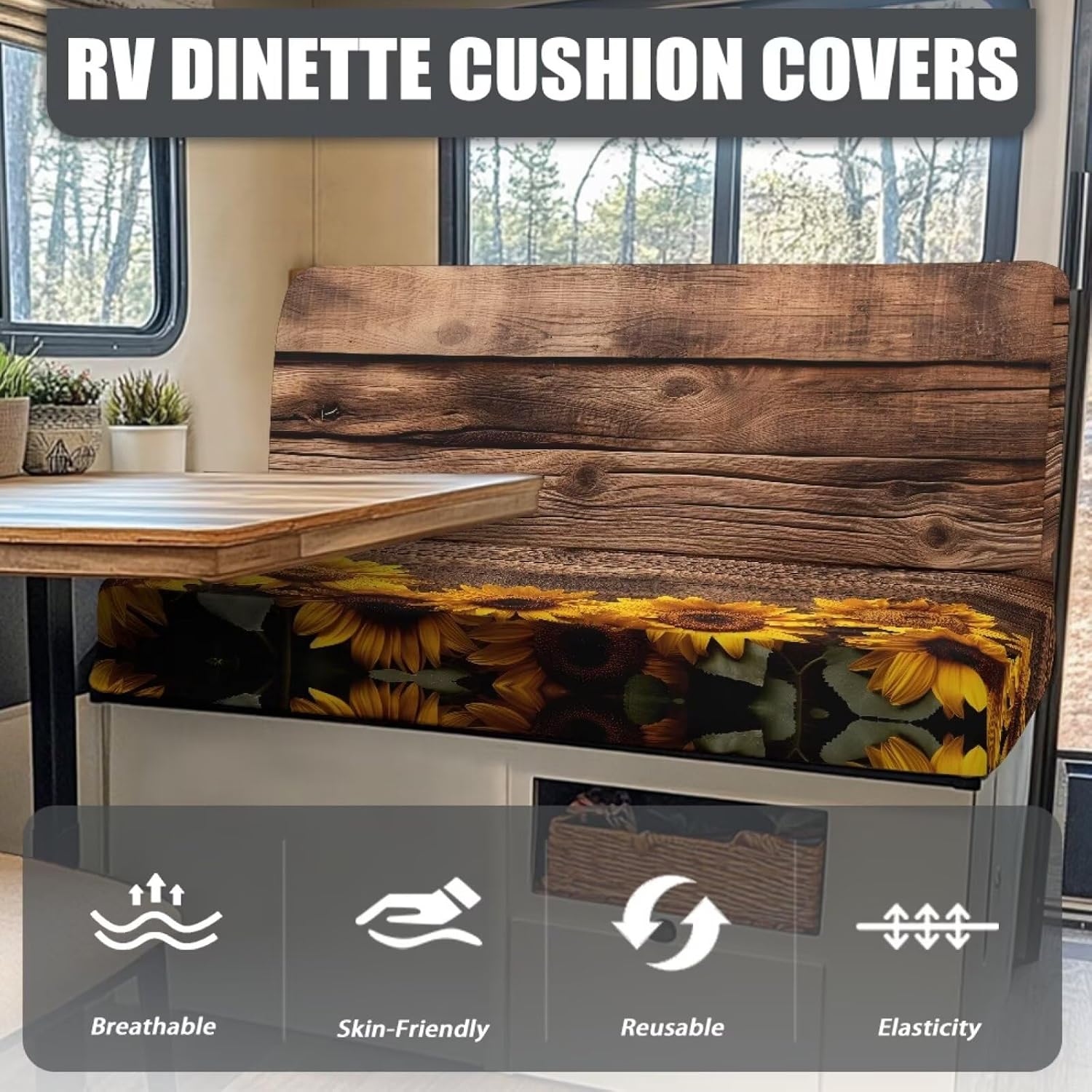 Forchrinse Wood Grain RV Dinette Cushion Covers 2 PCS Sunflower Camper Cushion Slipcover Replacement RV Couch Cover Furniture Protector for RV Camper Car Bench