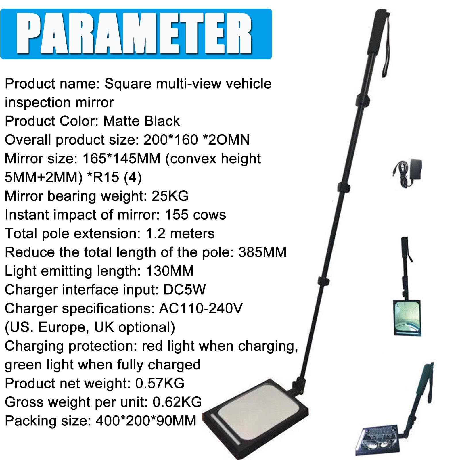 Espejo De InspeccióN para Coche Y Bajo El VehíCulo con Luz Led, Espejo AcríLico De 20 × 17 Cm, Espejos Convexos TelescóPicos con Varilla Ajustable 36 A 120Cm para ReparacióN Bajos. 1pcs