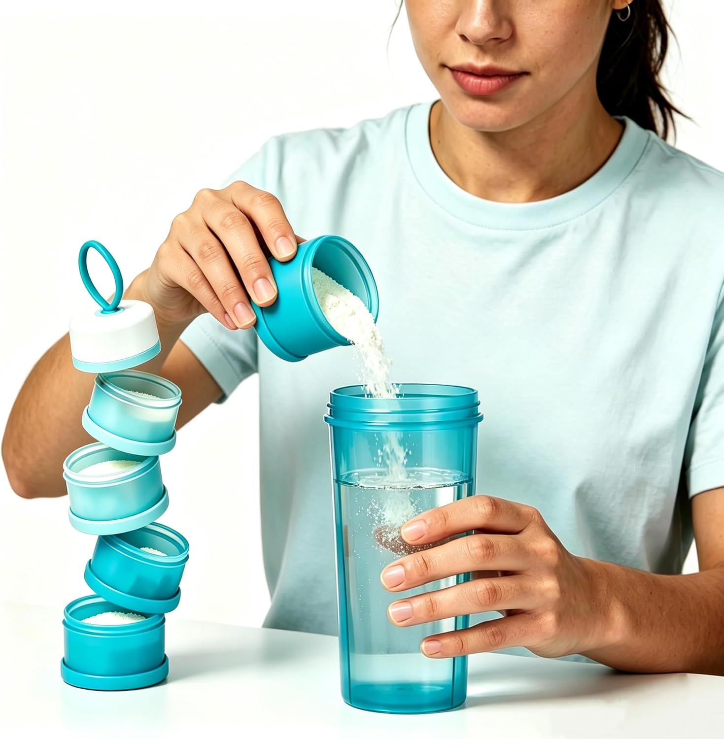 Protein Powder Travel Container, 4 Pack 4-Tier Stackable Supplement Storage (16oz Total), Leak-proof PP Plastic with Funnel Lid, 4 Carabiners, for Gym, Travel, Protein