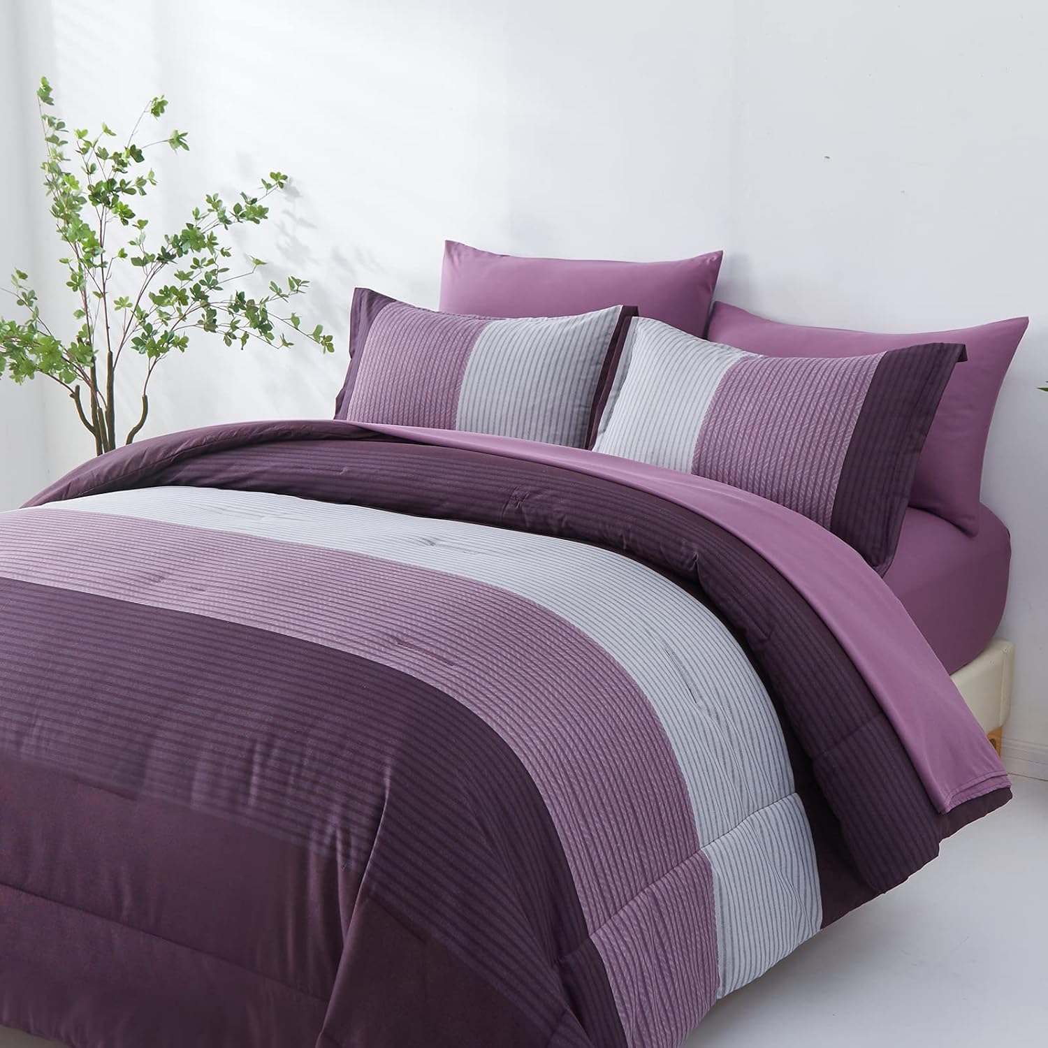 Anibedding Purple Comforter Set Queen 7 Pieces Purple Striped Bed in a Bag, Boho Patchwork All Season Comforter with Sheets, Soft Microfiber Reversible Bedding Set(90"x90") - Image 2