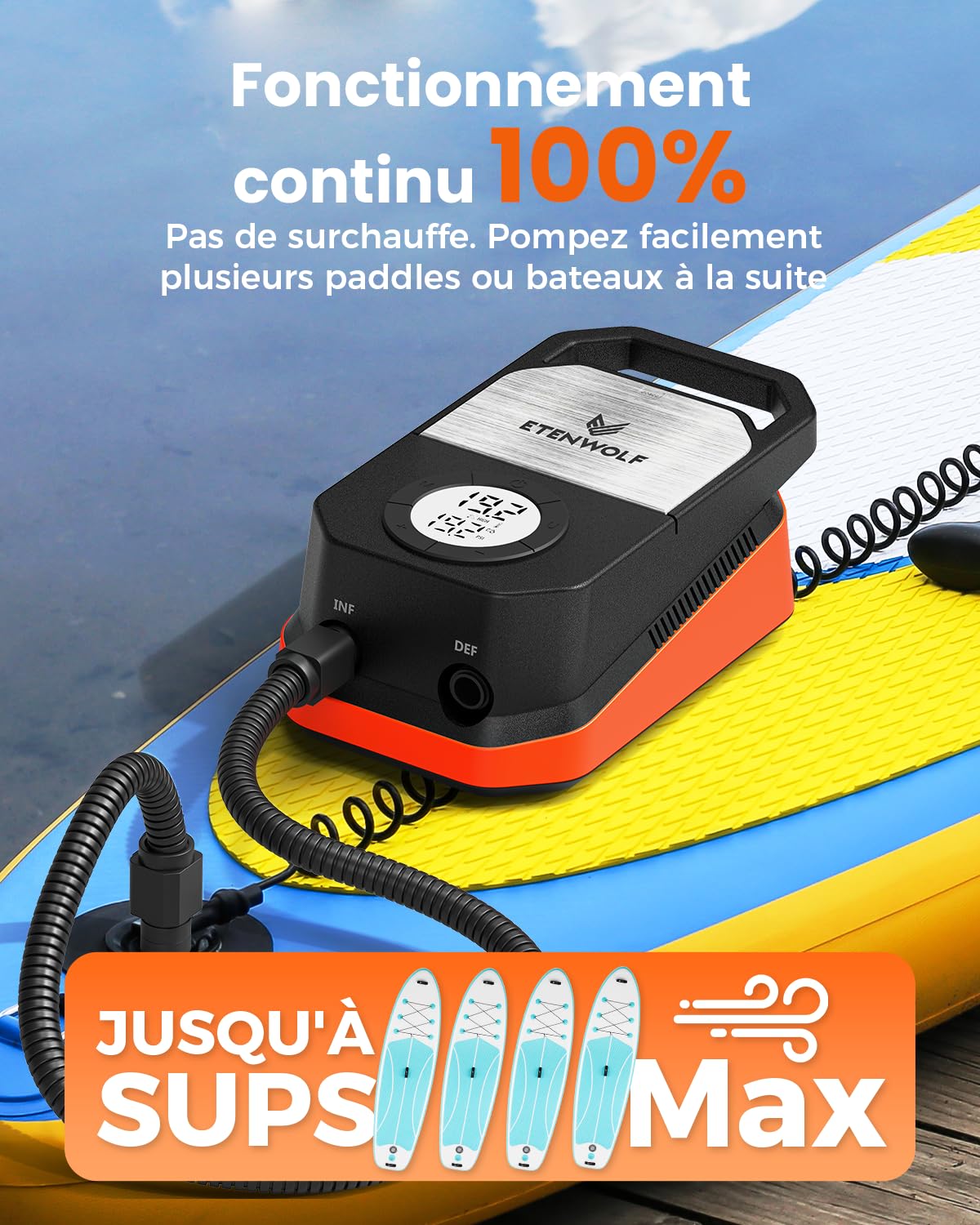 ETENWOLF S4 Gonfleur Paddle Electrique Sup - Haute Pression 1,4 Bar 12V CC | Arrêt Auto - Dégonflage Rapide - 4 Vitesses - pour Planche, Kayak, Matelas et Bateau Pneumatique