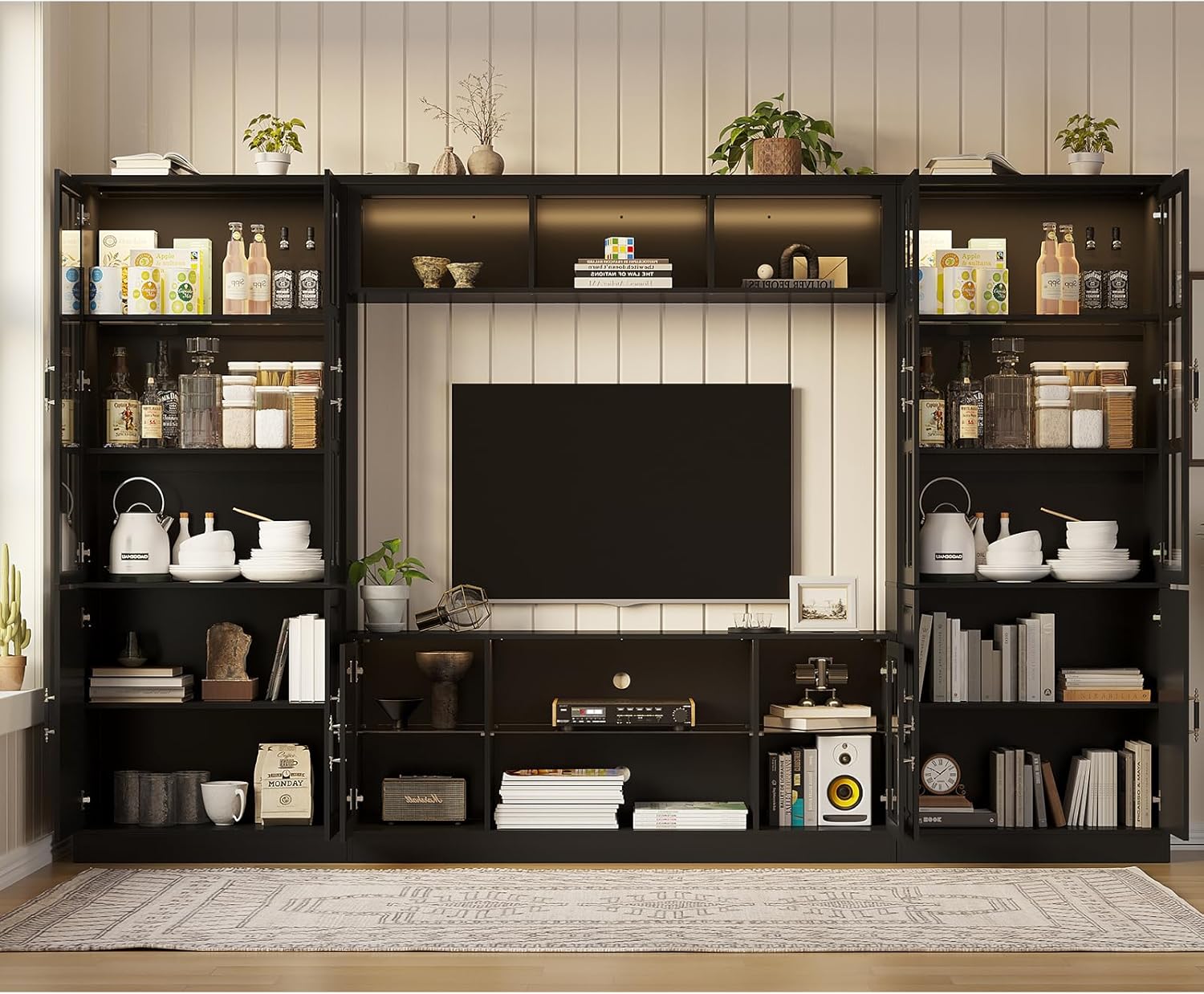 MEISSALIVVE 4-Piece Wall Unit TV Stand with Storage & LED Lights for TVs up to 70", Modern Entertainment Center with Bookshelves & 4-Door Pantry Cabinet, Black