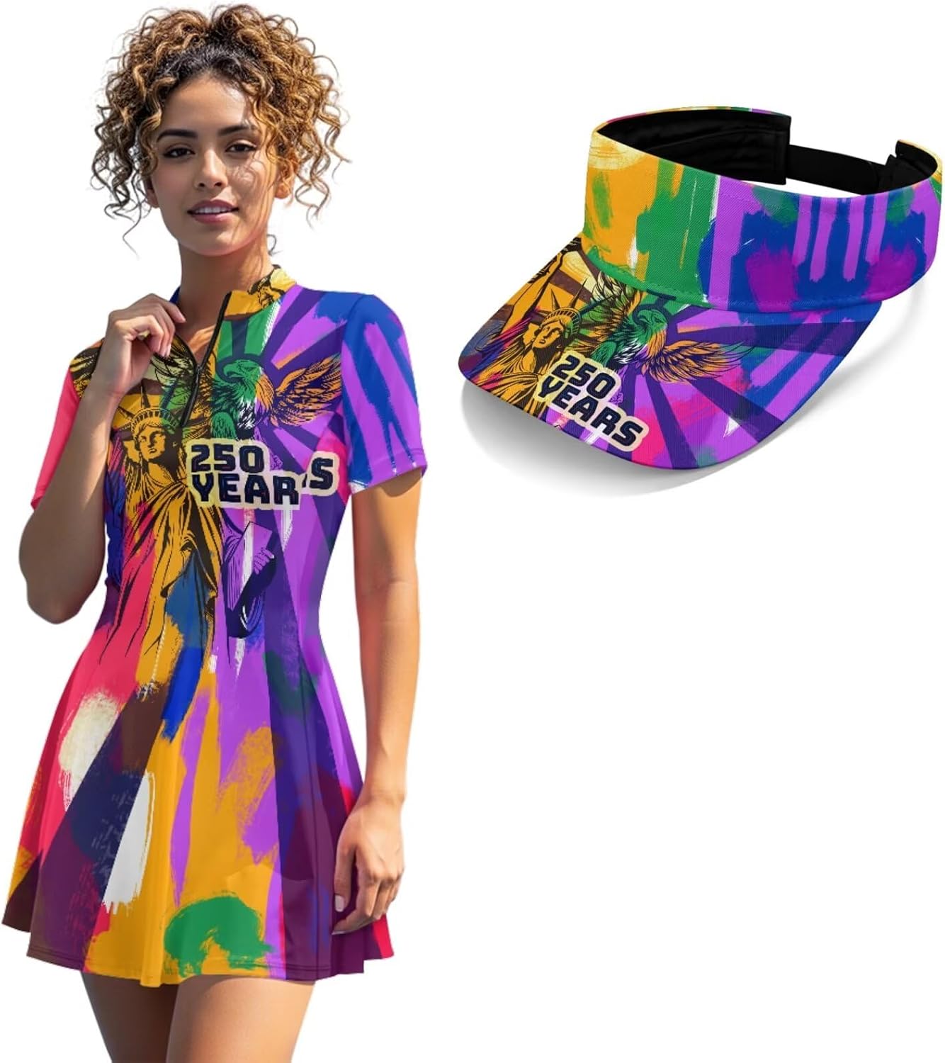 Women's Golf Dress with Built-in Shorts and Sun Visor Set, Half Zip Short Sleeve Tennis Dress Athletic with Pockets