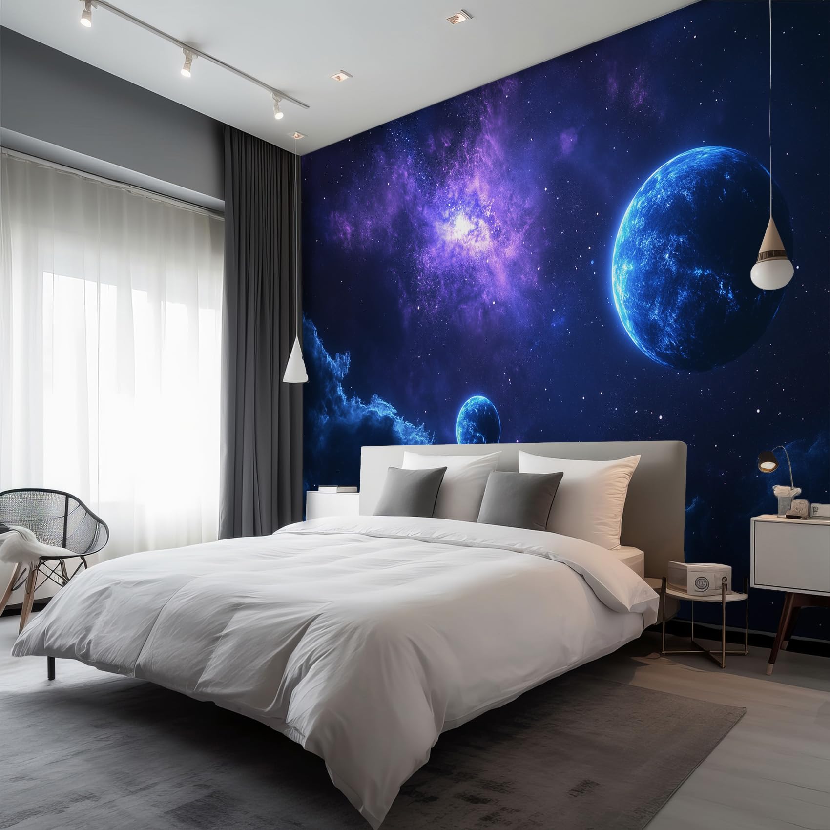 Générique Papier Peint Panoramique Terre Espace Extérieur - Papier Peint Spatial Pourpre Bleu Foncé - Deco Chambre Salon - Fresque Murale - Wallpaper - 450x260 cm B545