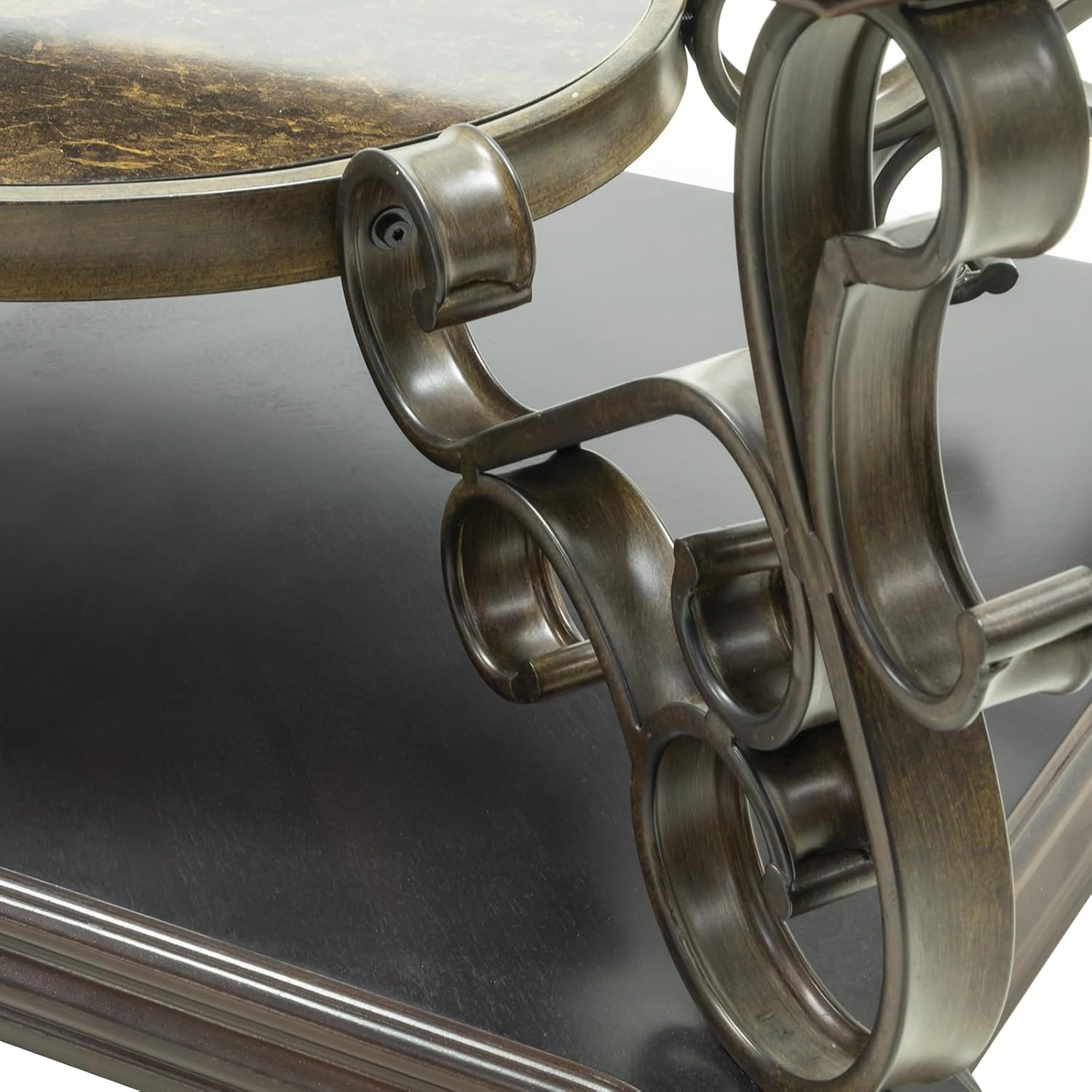HomVent Vintage End Table Coffee Table with Glass Top and Scrollwork Metal Legs,Mid-centruy Dark Brown Side Table for Living Room Office,Oval Cocktail Table,Three-Layer Tea Table