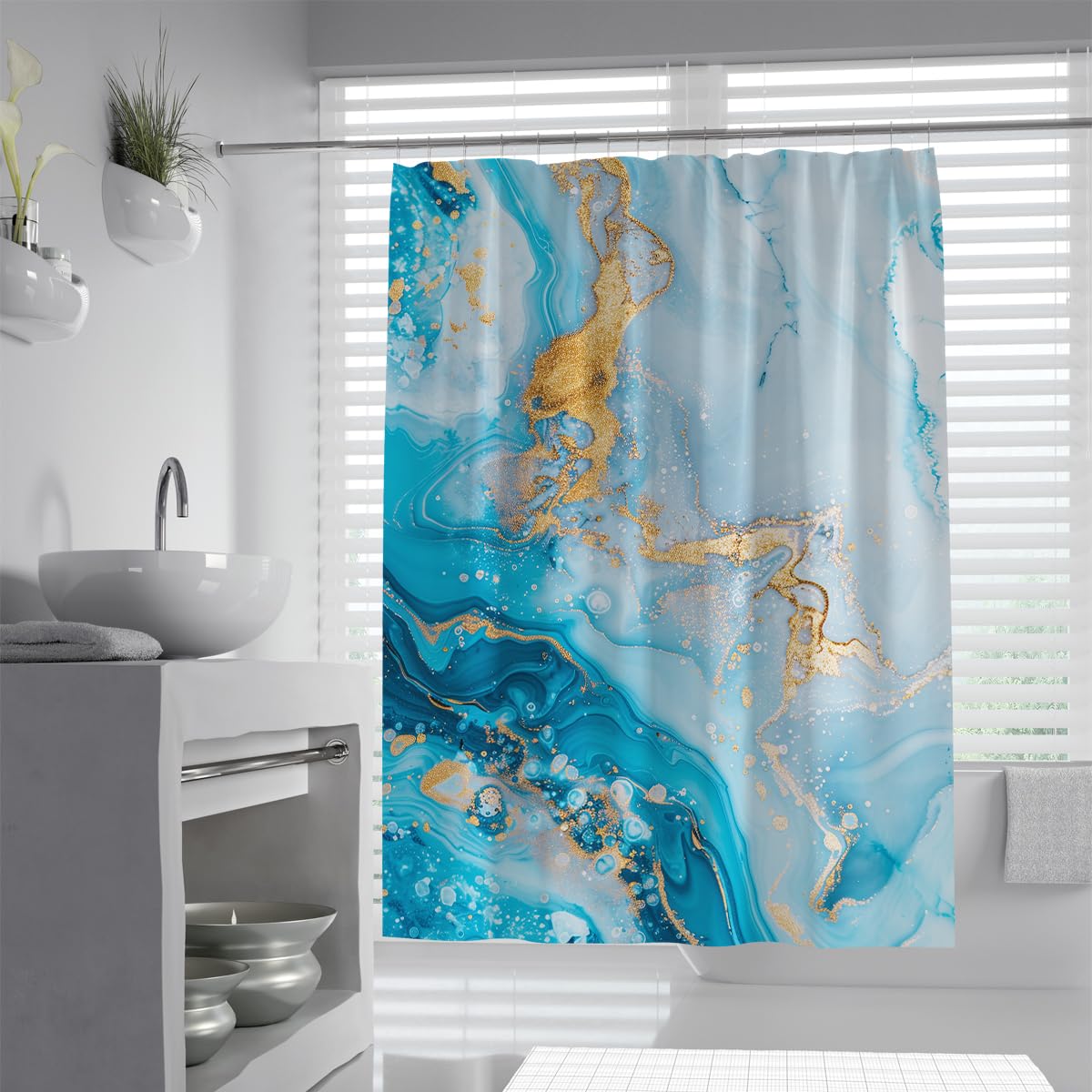 UIRINGART Marble Bath Curtain W150xL180cm Abstract Sky Cyan Blue Turquoise Mineral Gold Foil Texture Swirls Waterproof Quick Drying Fabric Home Shower Curtains