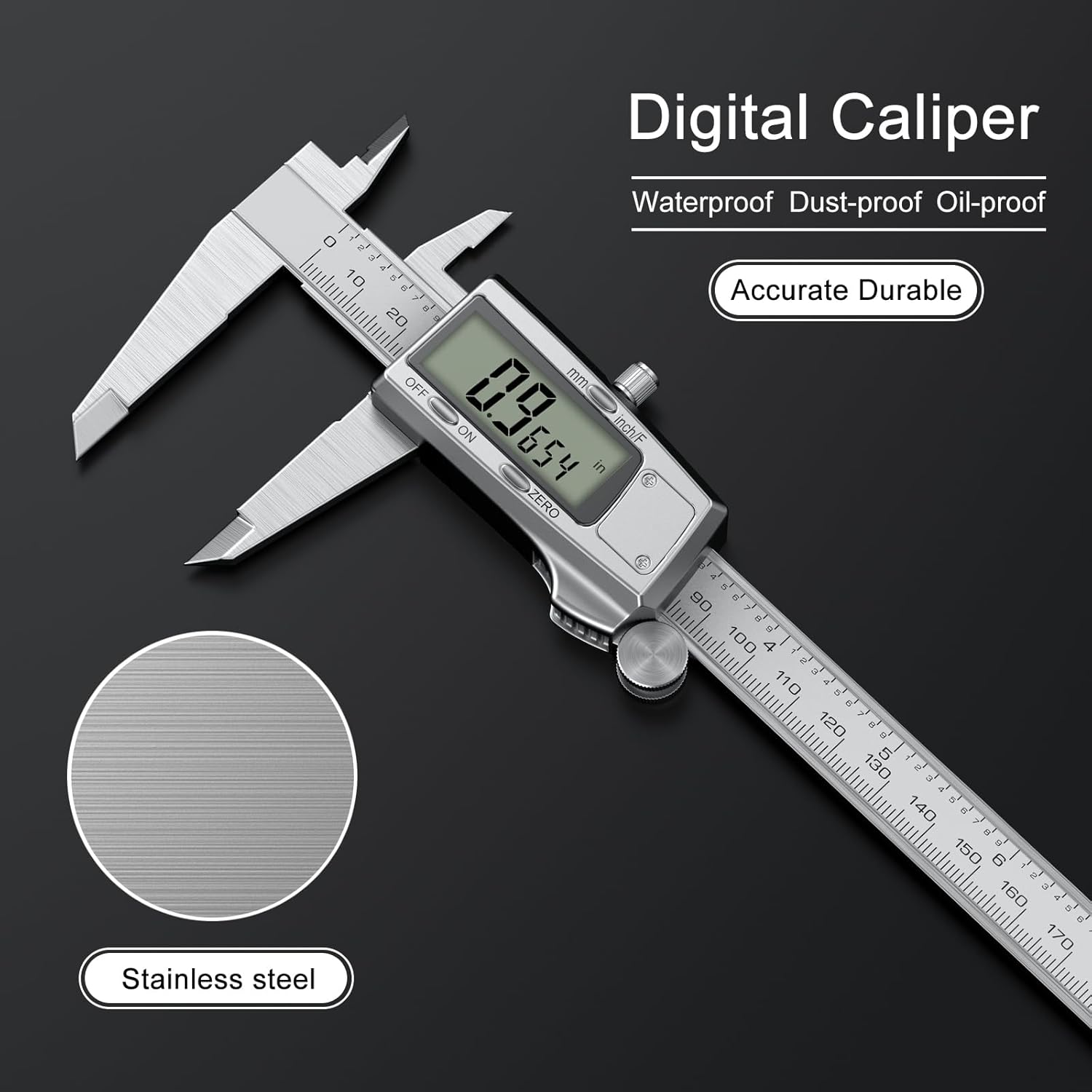 Digital Calipers, Caliper Measuring Tool with Large LCD Screen, Stainless Steel Micrometer Caliper Digital, Auto-Off Feature, Screen Splash Proof, Switch from Inch Metric Fraction (10Inch/250mm)