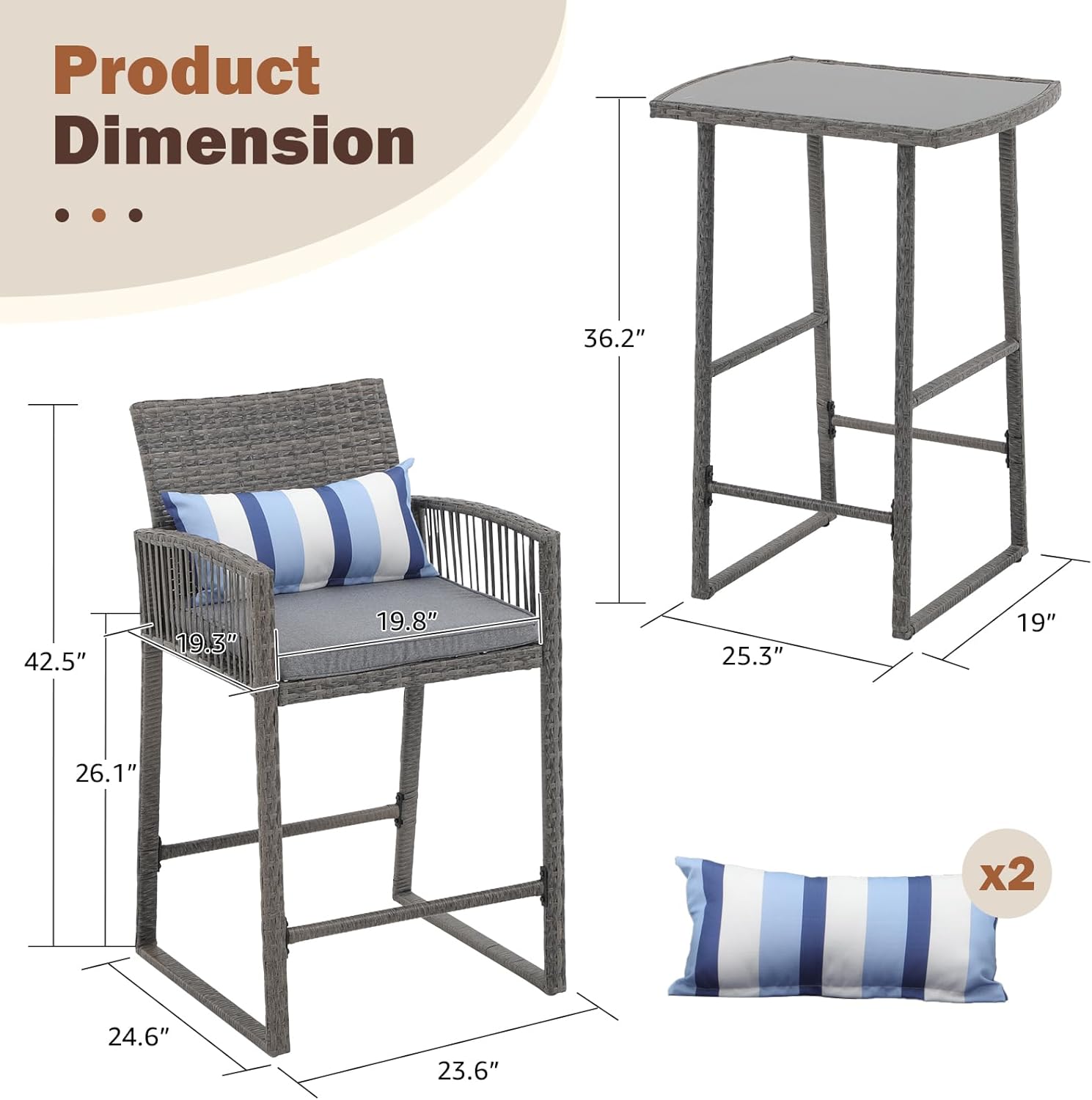 SUNSITT 3-Piece Outdoor Wicker Bar Height Table Set, 2 Bar Stools and 1 Pub Table with 2 Striped Pillows, Grey Rattan, Grey Seat Cushions, Steel Frame