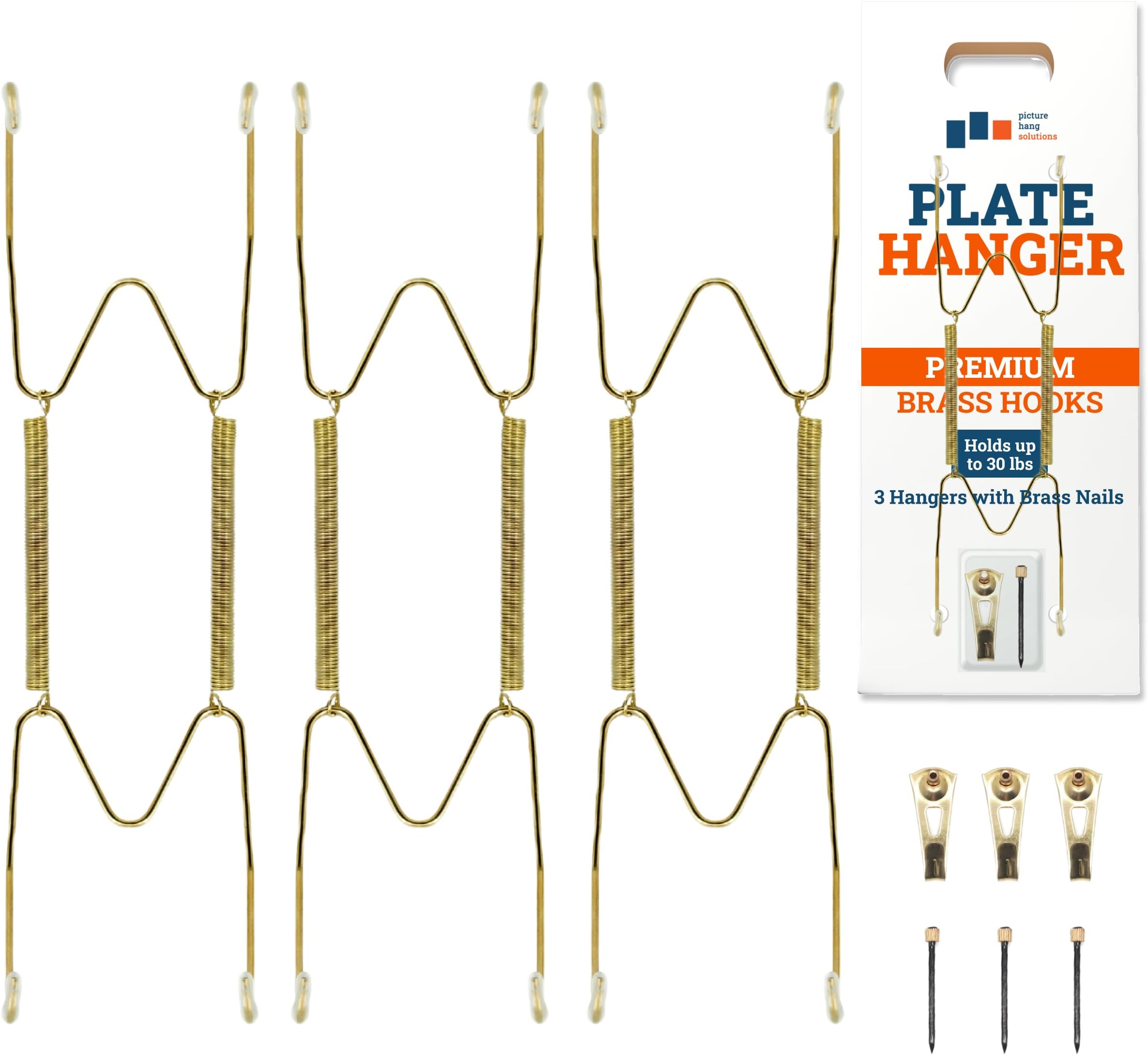 Cloverdale - Plate Hangers, Holds 30 lb, 3 Pack, with Hooks & Nails | Stainless steel spring plate holders with rubber tips, brass wall hooks and nails included, holds up to 30 lb, 7-8 in plates