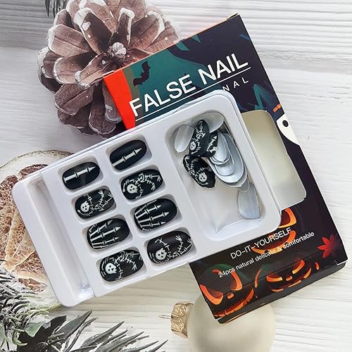 Miniatura 5 de 24 uñas negras a presión de Halloween, uñas postizas medianas de forma ovalada para Halloween, uñas con pegamento en uñas con patrón de esqueleto