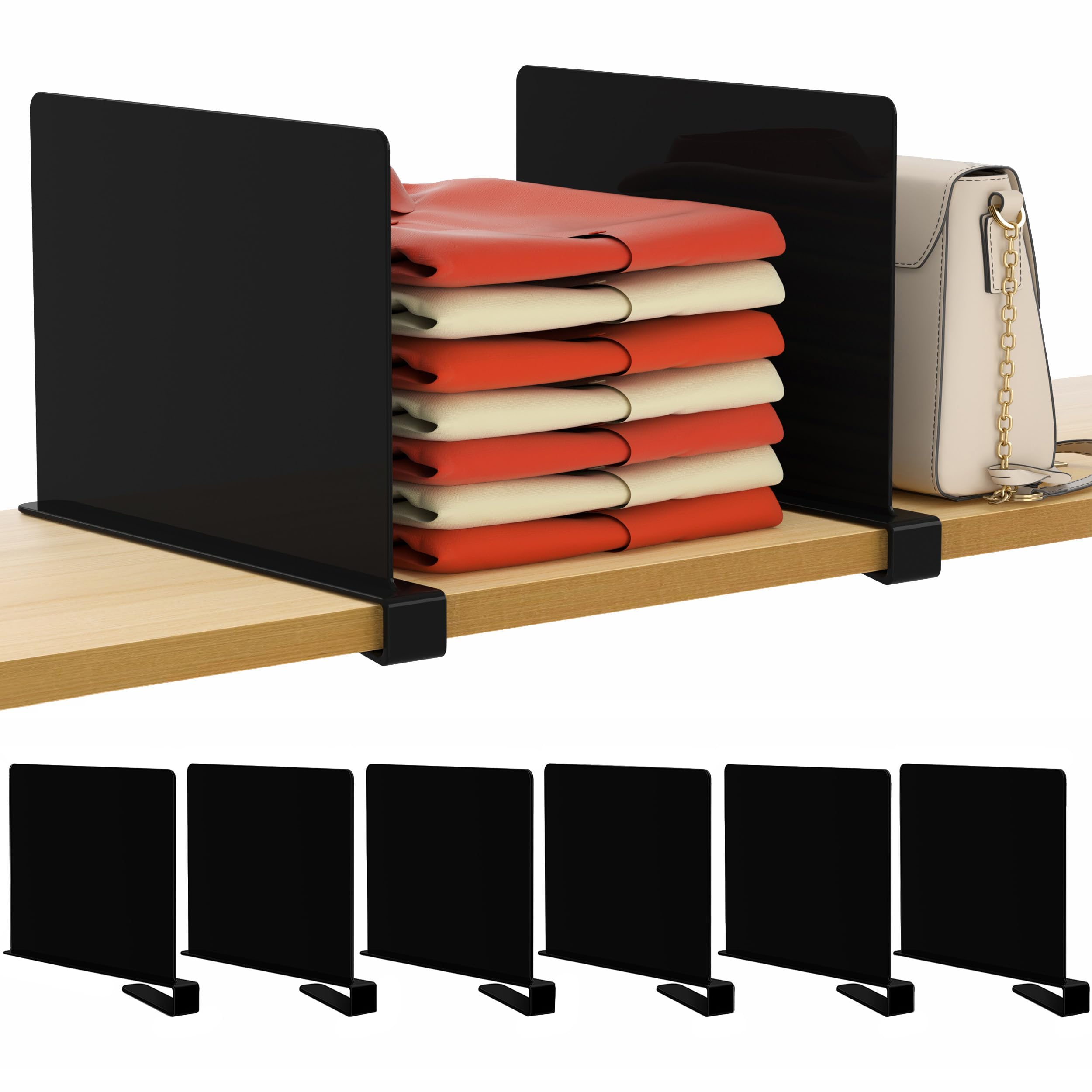 HBlife 6 Pack Black Shelf Dividers, Vertical Purse Organizer for Closet Perfect for Sweater, Shirts, Handbags in Bedroom and Kitchen, Adjustable Acrylic Bookshelf for Organization