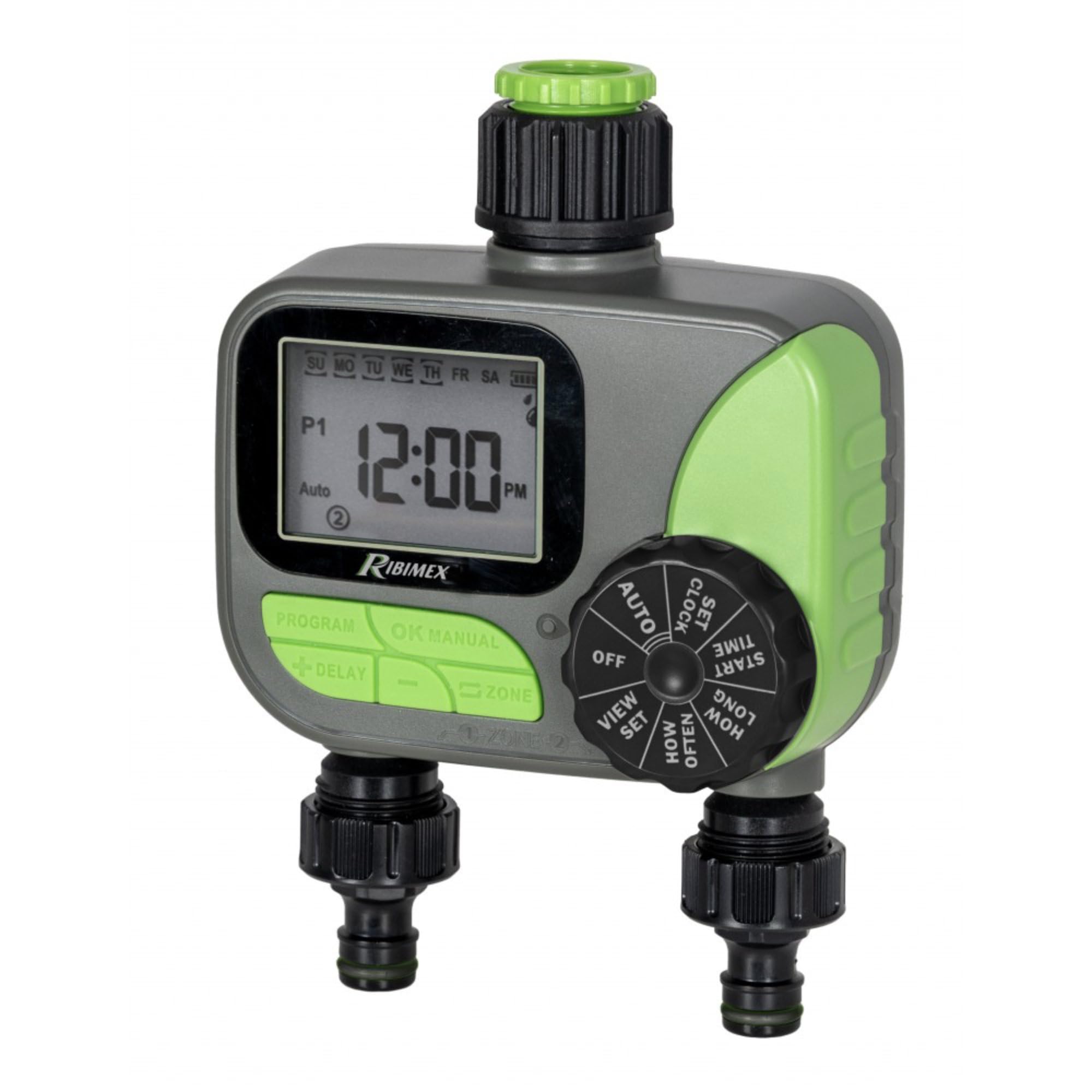 Ribimex Programmatore Digitale Irrigazione 2 Vie, Attacco 1''-3/4'', 2 Programmazioni 1-7 Giorni, Cicli 1 Min-4 Ore, Portata 5-35 L/min, Filtro Metallico, Alimentato a 2xAA Non Incluse - Pra/PB.1390