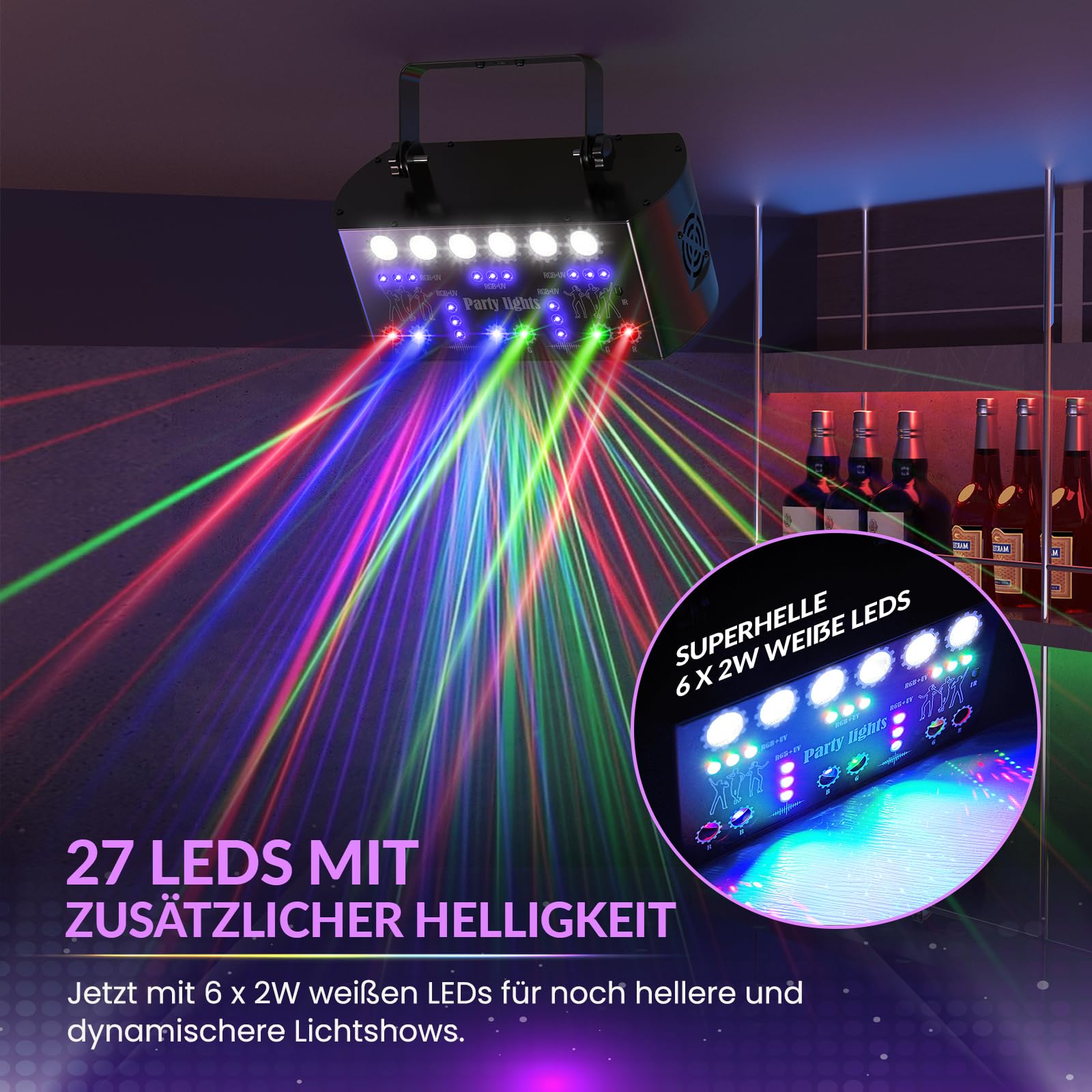 Discolicht Partylicht LED mit RGB & UV, DMX & Fernbedienung, 3-fach Motor Speed, 4 Strobe Modi, Party Laser Projektor für DJ, Discokugel Beleuchtung & Party Dekoration