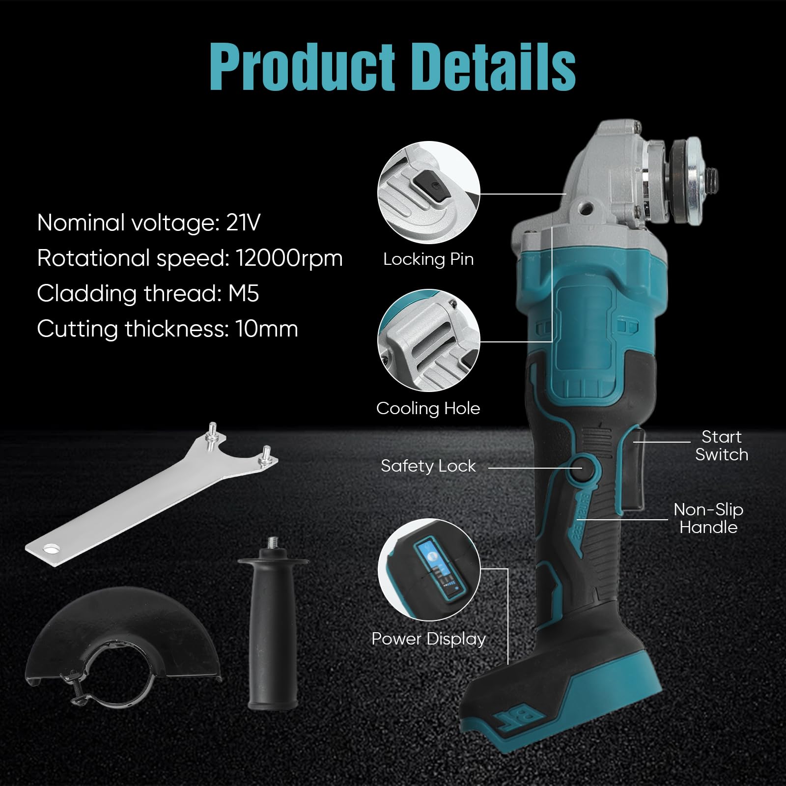 Meuleuse d'angle sans fil Compatible avec batterie Makita 18 V, 100/125 mm 12000 RPM meuleuse d'angle sans fil avec moteur sans balais et couvercle de disque de ponçage (125MM)