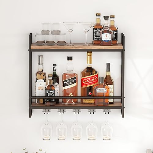 Miniatura 3 de POLUNCA Estante de tubo industrial para vino montado en la pared de 2 niveles, estantes flotantes colgantes para licor con soporte de vidrio para