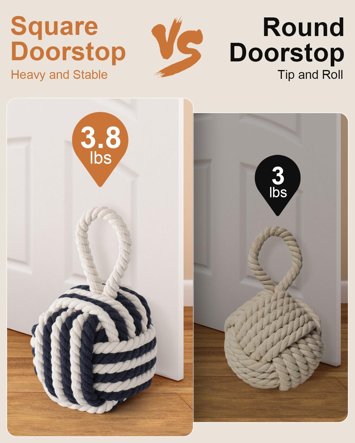 Decorative Door Stoppers, Cute Nautical Decorative Rope Door Stop, Heavy Duty Weighted Doorstop with Handle for Floor, Bedroom & Living Room, Window Wedge & Bookend(Multicolor)