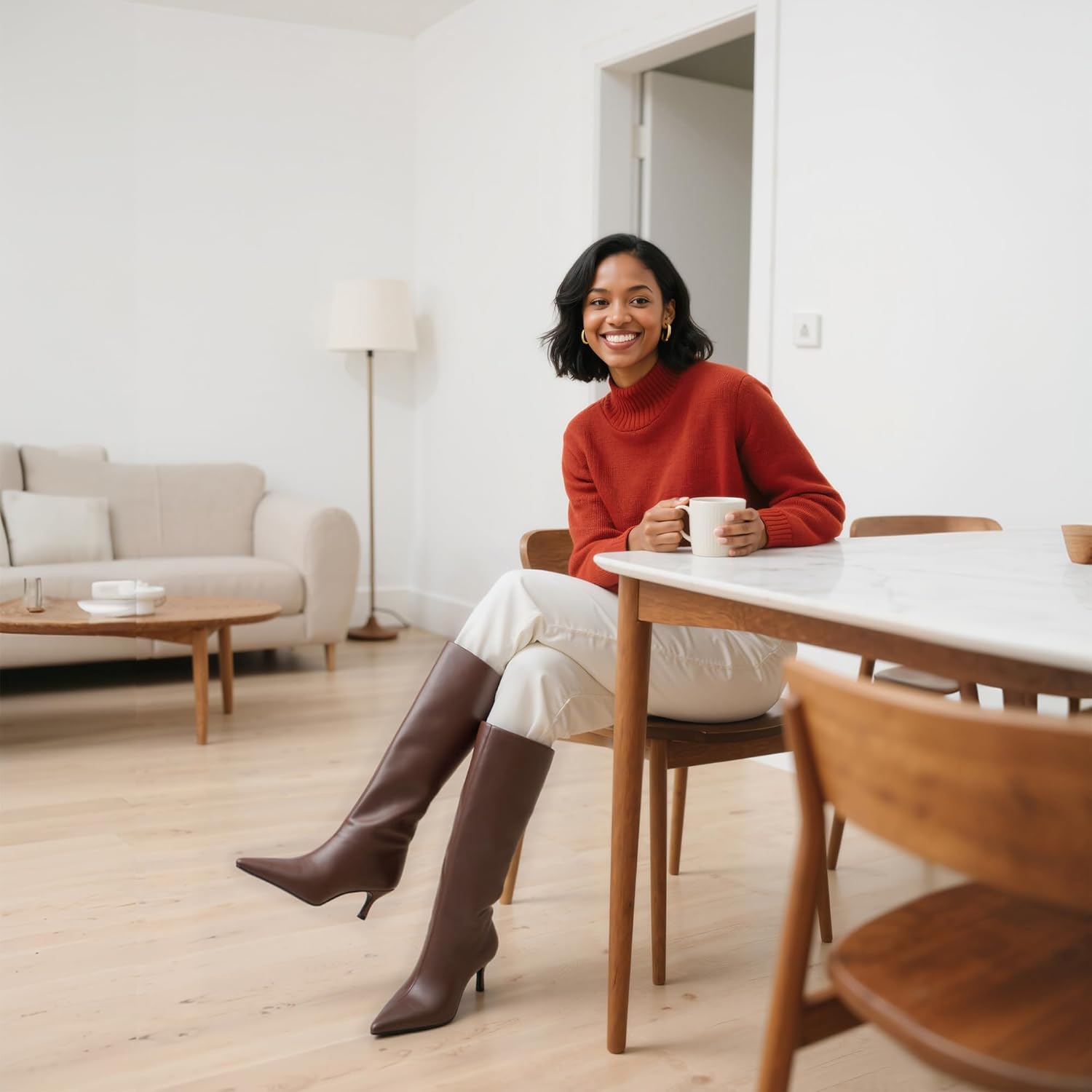 Modatope Brown Boots for Women Knee High Boots Kitten Low Heels Pointed Toe Tall Boot for Women Size 8.5 - Image 5