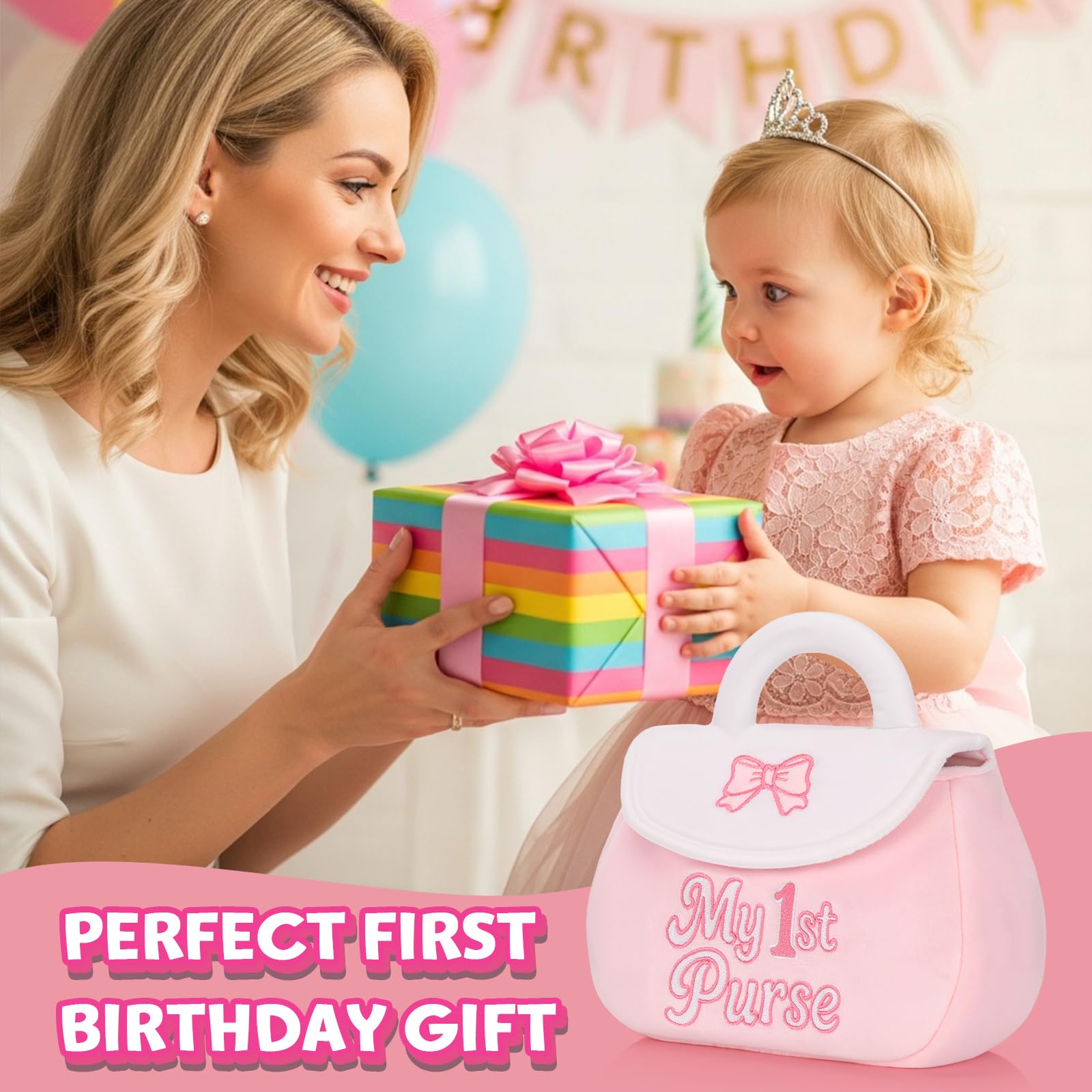 My 1st Purse Plush Toy Set – 5 PCS Sensory Toddler Purse for Little Girls Including Phone, Lipstick, Keys & Mirror, First Birthday Gift for Baby Toddler Girl Ages 1-3 (Pink)