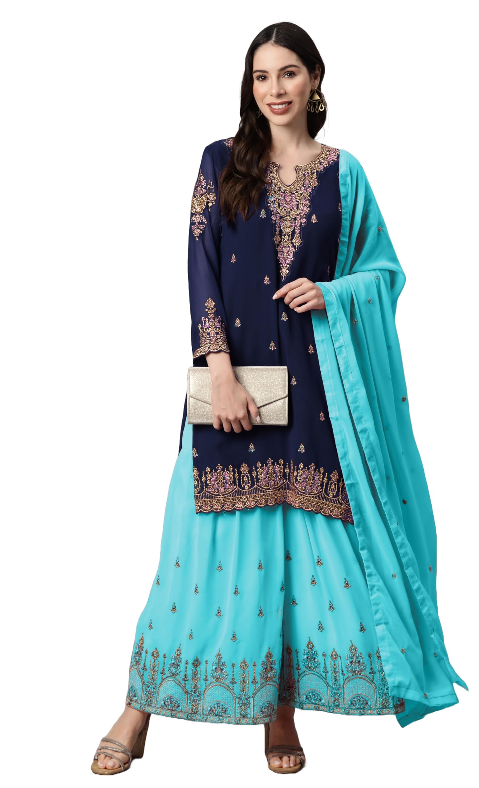 Divine International Trading CoExquisite Thread and Zari Embroidered with Diamond Work Faux Georgette Semi-Stitched Fabric - Opulent and Versatile Dressmaking Material