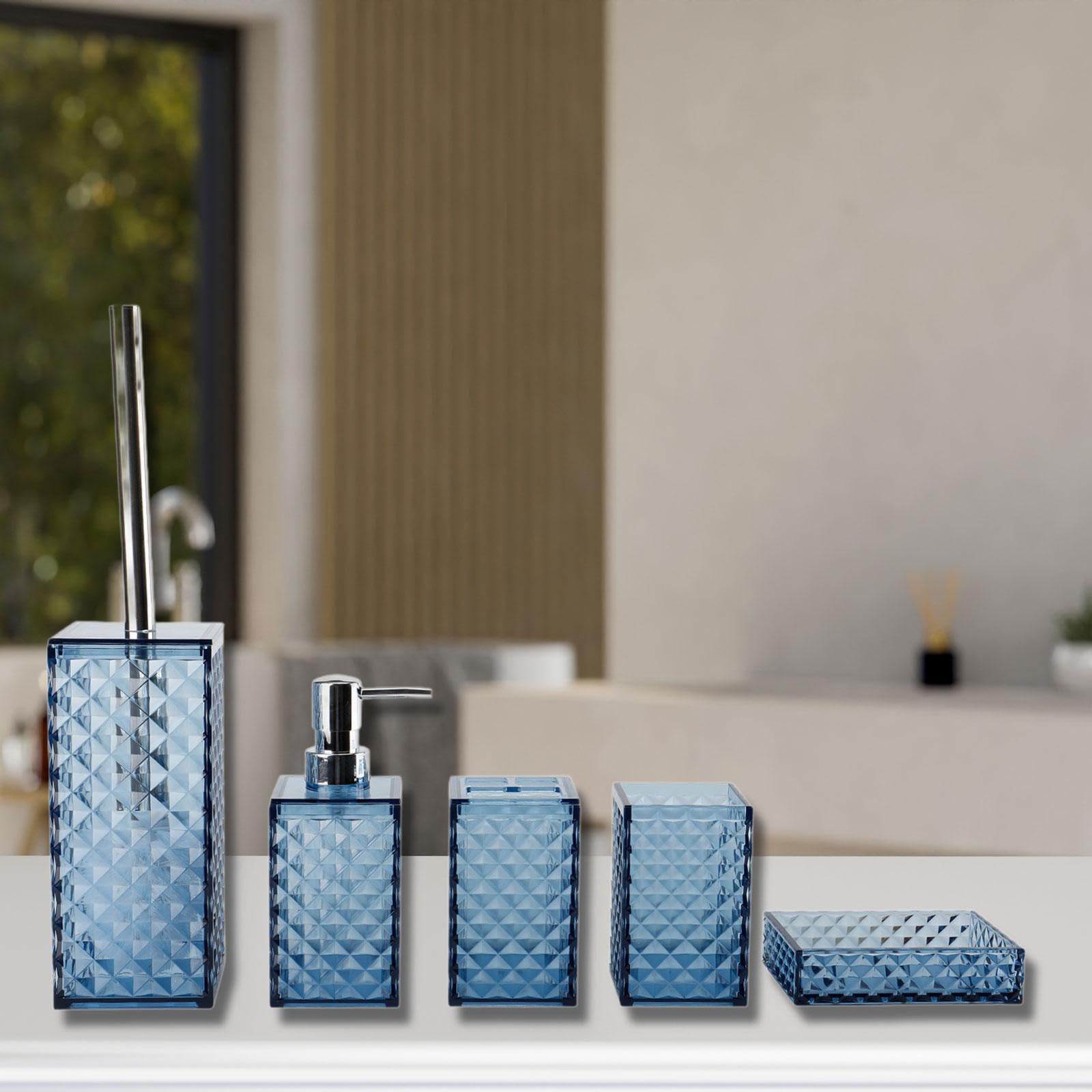 Juego de 5 Piezas: Jabonera, Dispensador de Jabón, Portacepillos de Dientes, Vaso de Baño, Accesorios de Baño, PP de Fácil Limpieza, Azul Oscuro, Individual
