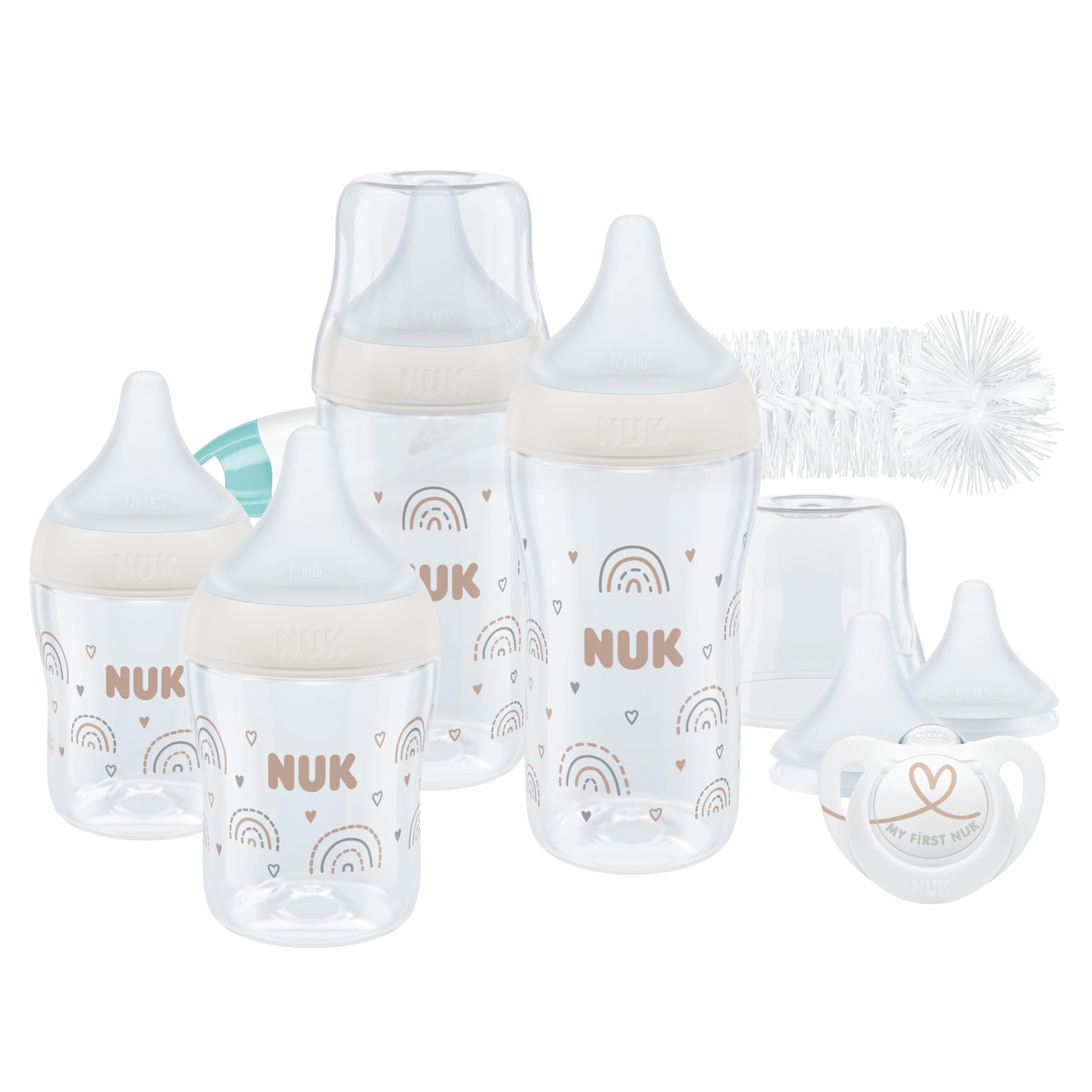 NUK Perfect Match Perfect Start Babyflaschenset | Ab 0 Monate | Passt sich dem Baby an | 4 Anti-Kolik-Babyflaschen, Schnuller, Flaschenbürste und mehr | BPA-frei | 9 Stück