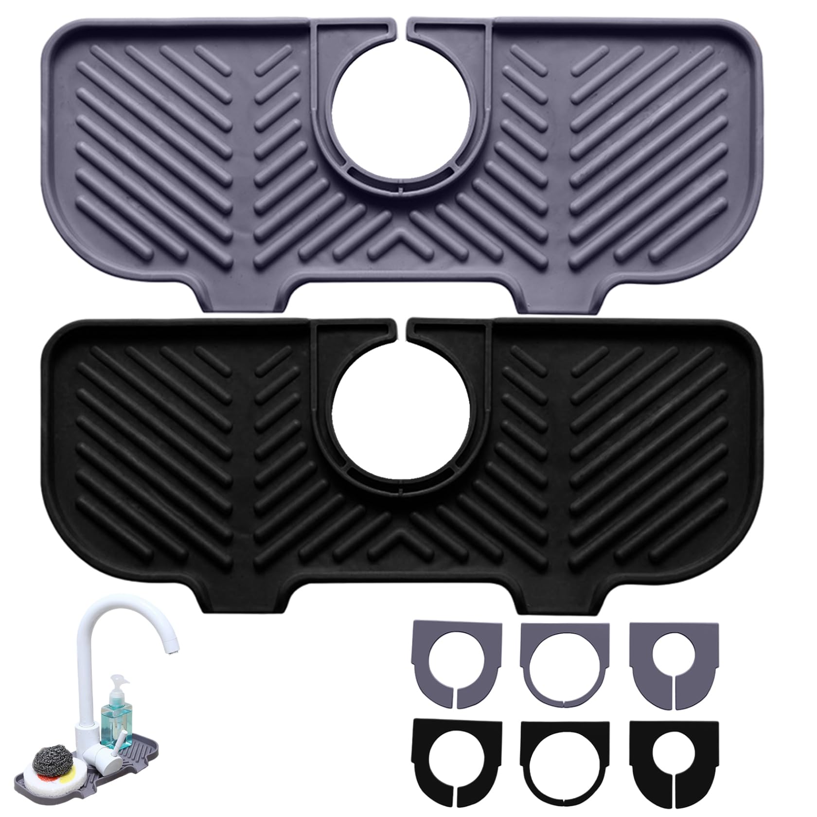 Tsawntd Faucet Mat for Kitchen Sink 3 Holes, Sink Splash Guard with Multi-Size Fit & Slope Drainage, Faucet Mat for Bathroom and Kitchen Countertop Protection, Black Bathroom