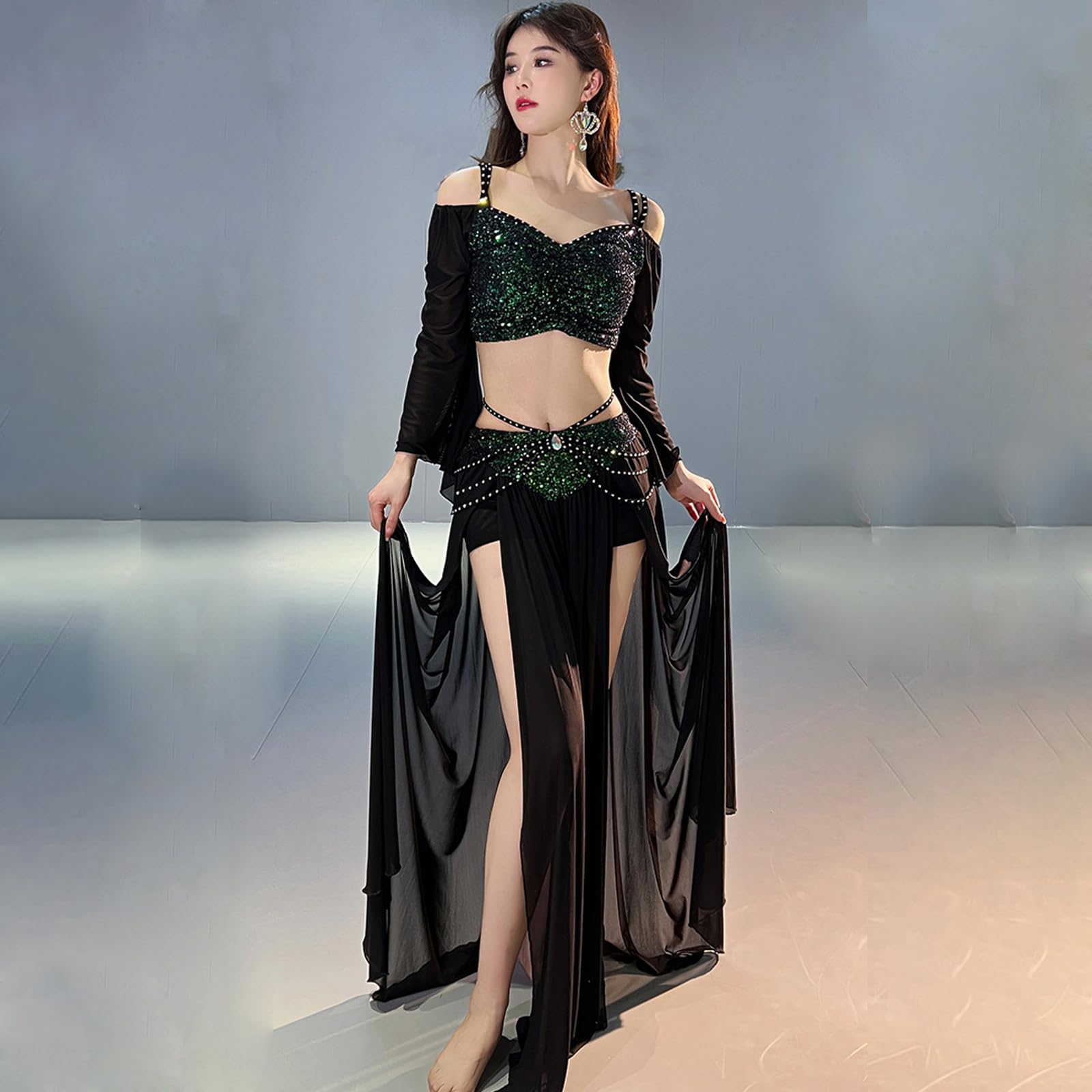 Costumi di Danza del Ventre da Donna, Top Corto con Paillettes Lucide, Gonna da Ballo con Spacco, Abiti di Danza del Ventre di Carnevale di Halloween,Nero,M