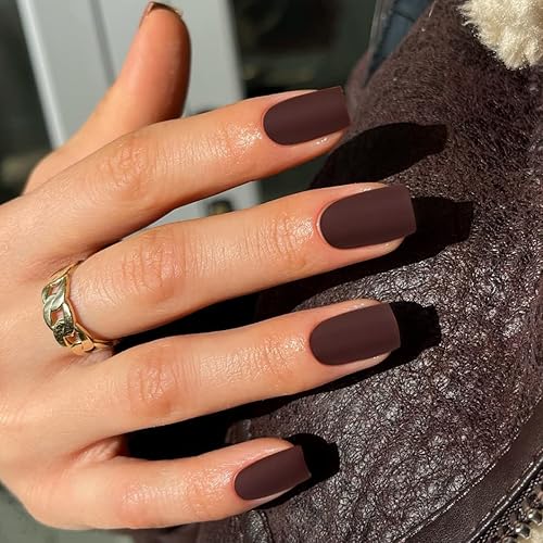 KQueenest Matte Maroon Brown Press on Nails Short Square, Acrylic