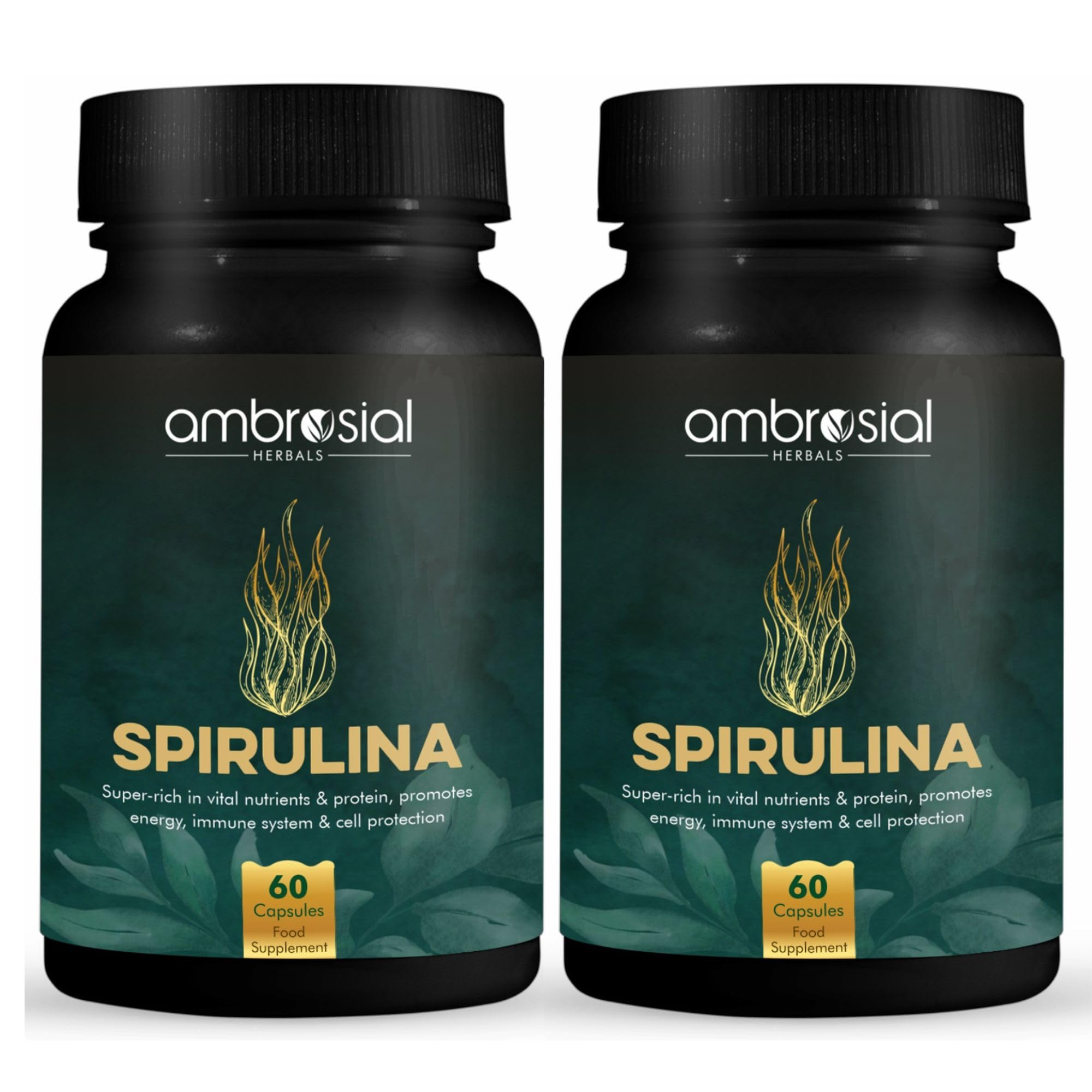 Ambrosial Spirulina Tablets | High Strength 500 mg spirulina powder per Capsule | Richest Source of Protein | Certified Organic Spirulina Capsules | 120 vegan Capsules Pack of 2