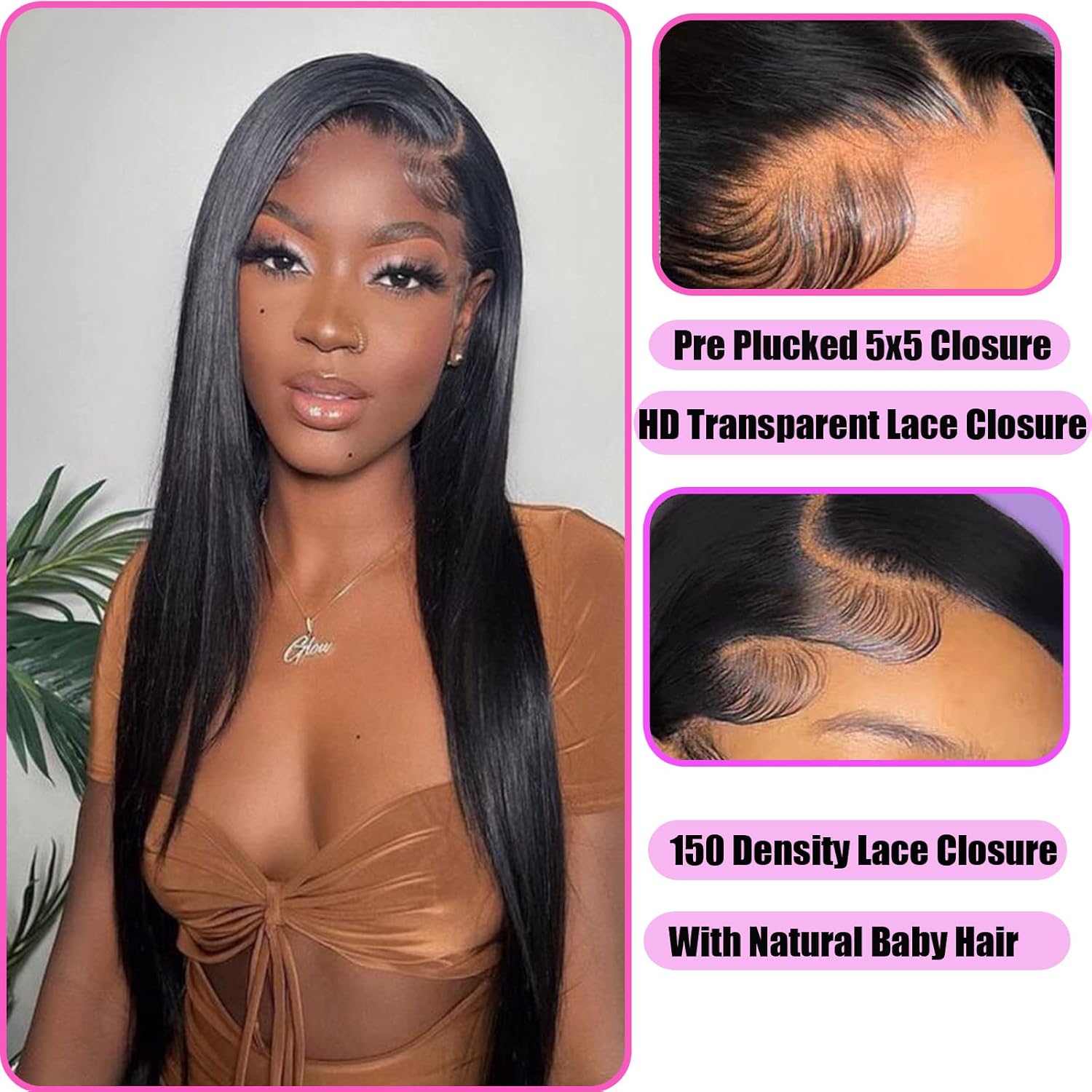 Hd Closure 5x5 Straight Closure 5x5 Transparent Lace 12A Virgin Remy Human Hair Frontal Pre Plucked With Baby Hair Natural Hairline (14inch)