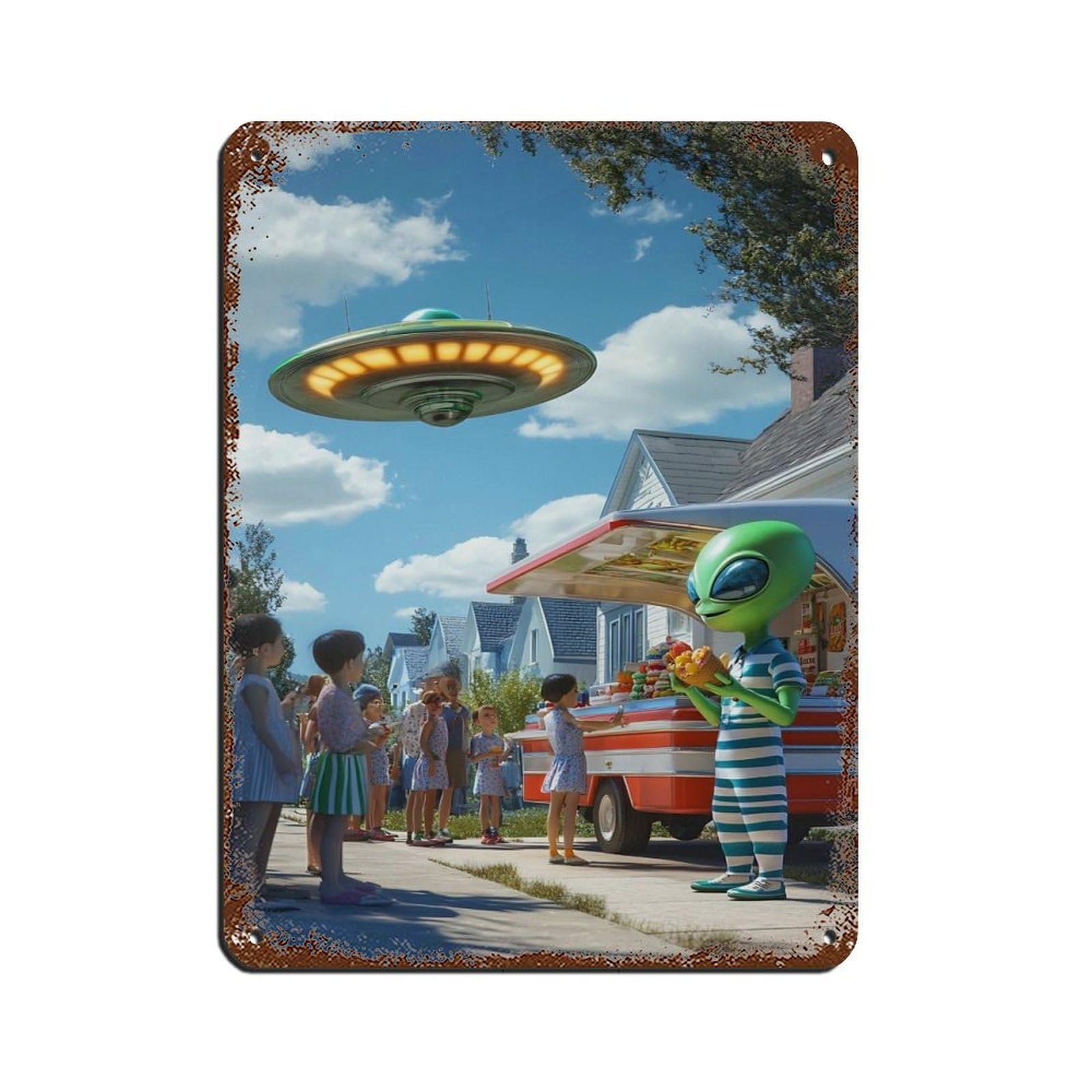 Lxwnze 30L X 40W Cm Alien Ice Cream Truck, Ufo And Alien Tin Sign Vintage Metal Pub Club Cafe Bar Home Wall Art Decoration Poster Retro 12X16inch(30X40cm)